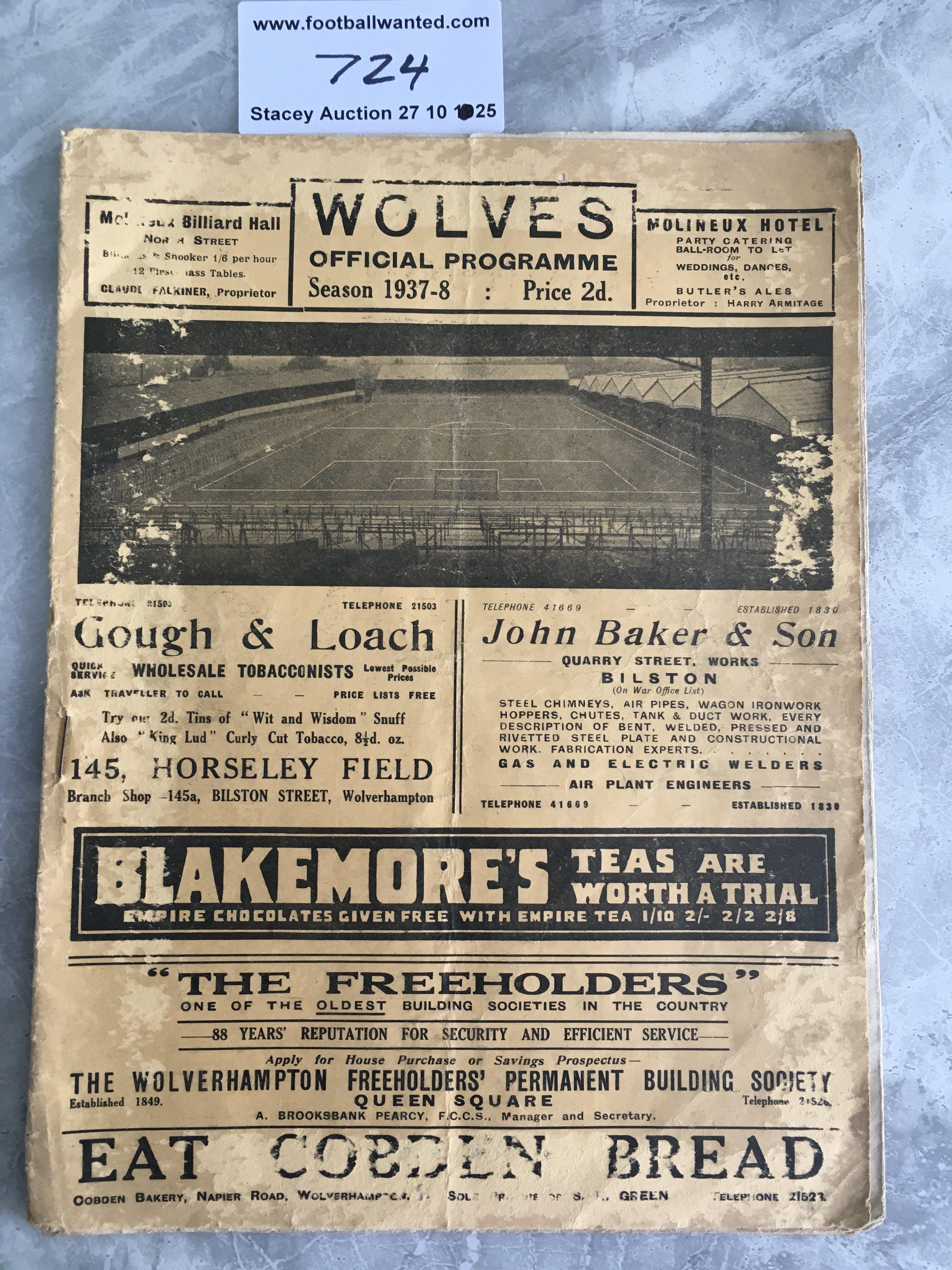 37/38 Wolves v Arsenal Football Programme: Covers have heavy wear and rear cover is missing a piece from corner. Inside good with no team changes