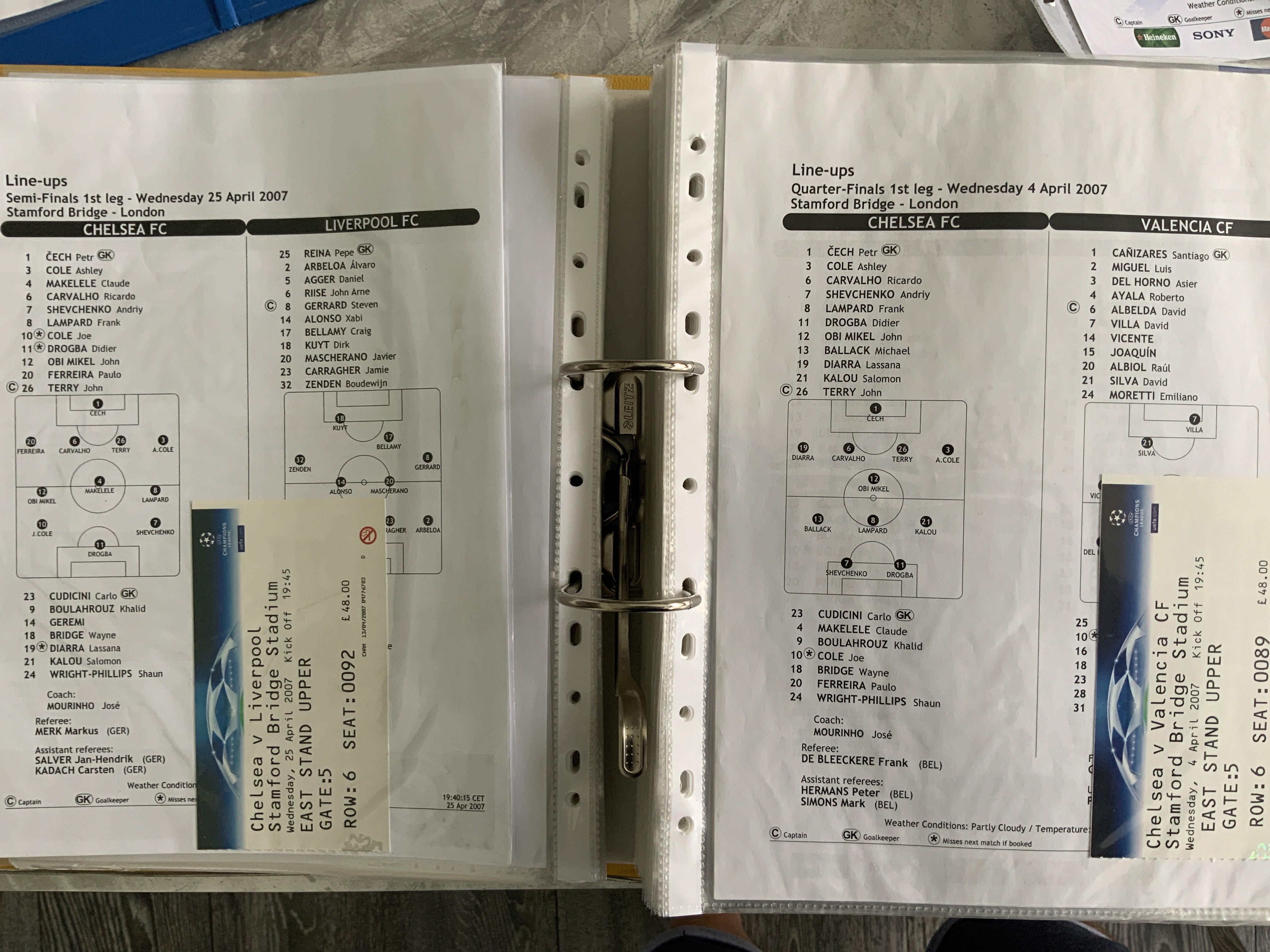 Chelsea Home Football Team Sheets + Tickets: From 2006 to 2011 there are over 130 colour unwritten team sheets with accompanying tickets. Includes European matches. (260+)