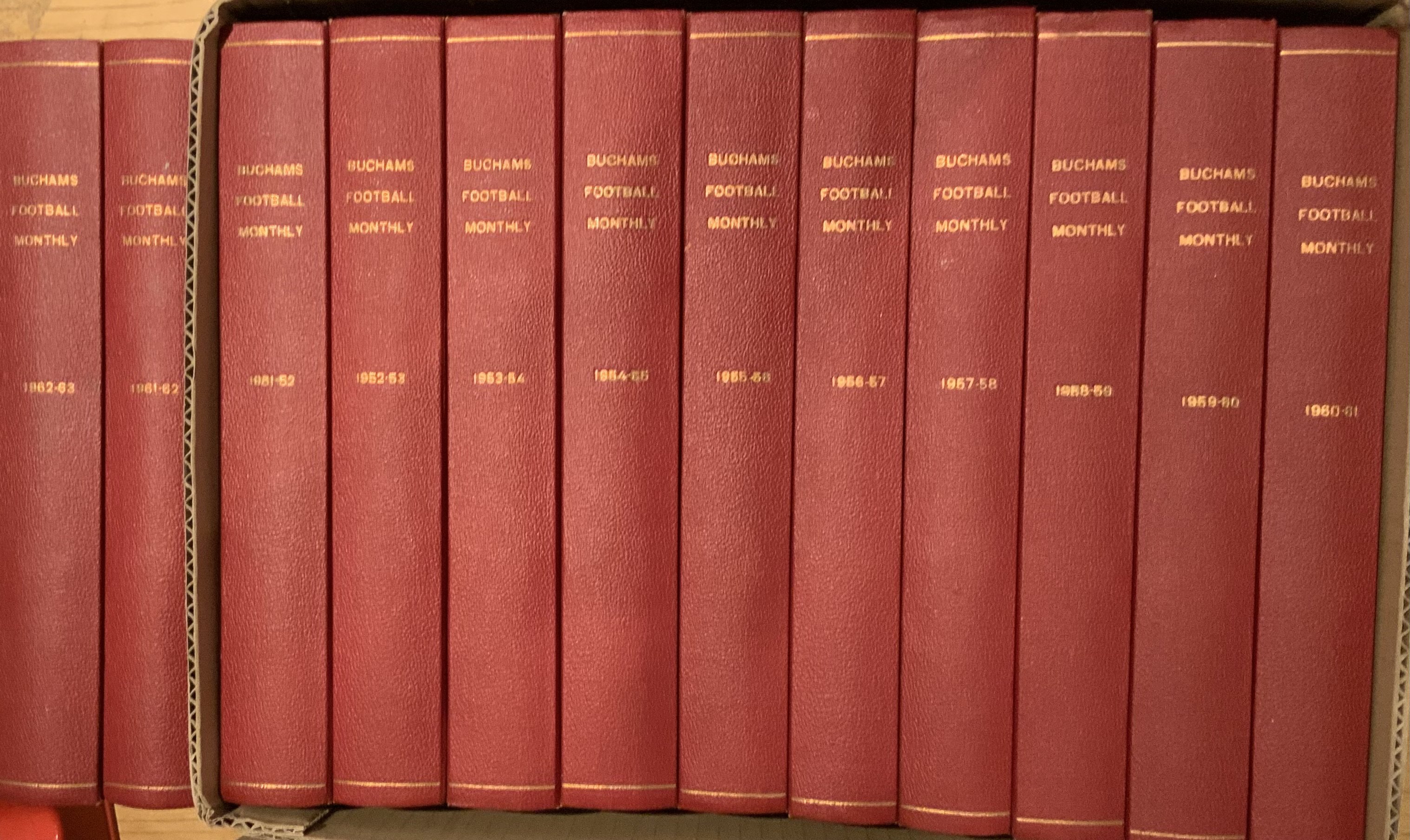 Charles Buchan Complete Bound Volumes Of Football Magazines: The first 12 years of the monthly magazine bound in 12 red binders with gold lettering to spine. Starting with first issue in September 1951. Very good. 12 volumes.