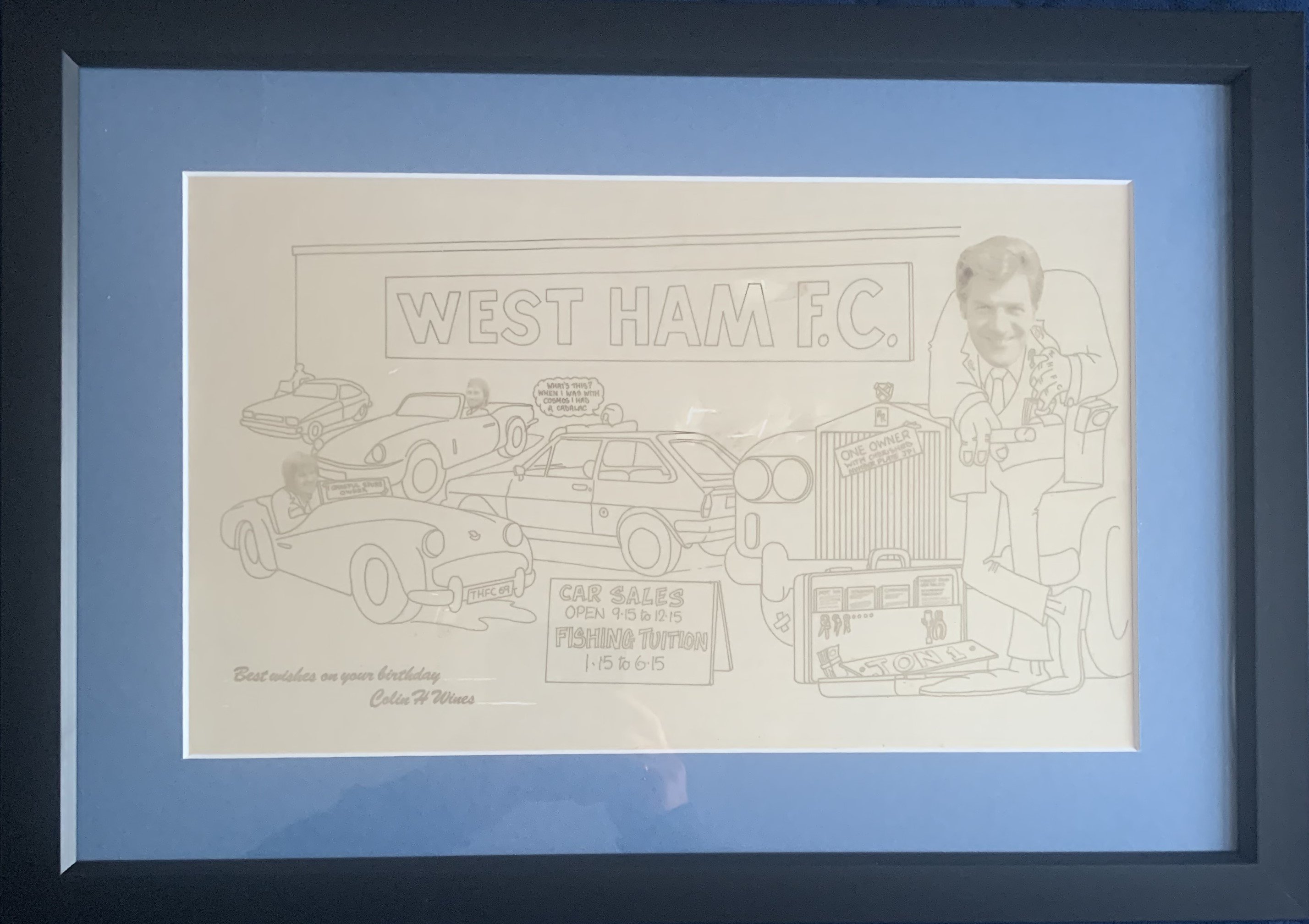John Lyalls West Ham Caricature Drawings + More: 4 fantastic caricatures by artist Colin Wines including one for his birthday depicting Lyall as a car dealer. Another of Mick McGiven and Ron Boyce with jokes. C/W two different framed Monte Frescos press photos signed by Lyall with B Jennings and K Robson. Also framed and signed is a photo of Lyall holding his autobiography. 7 items from Lyalls own collection.
