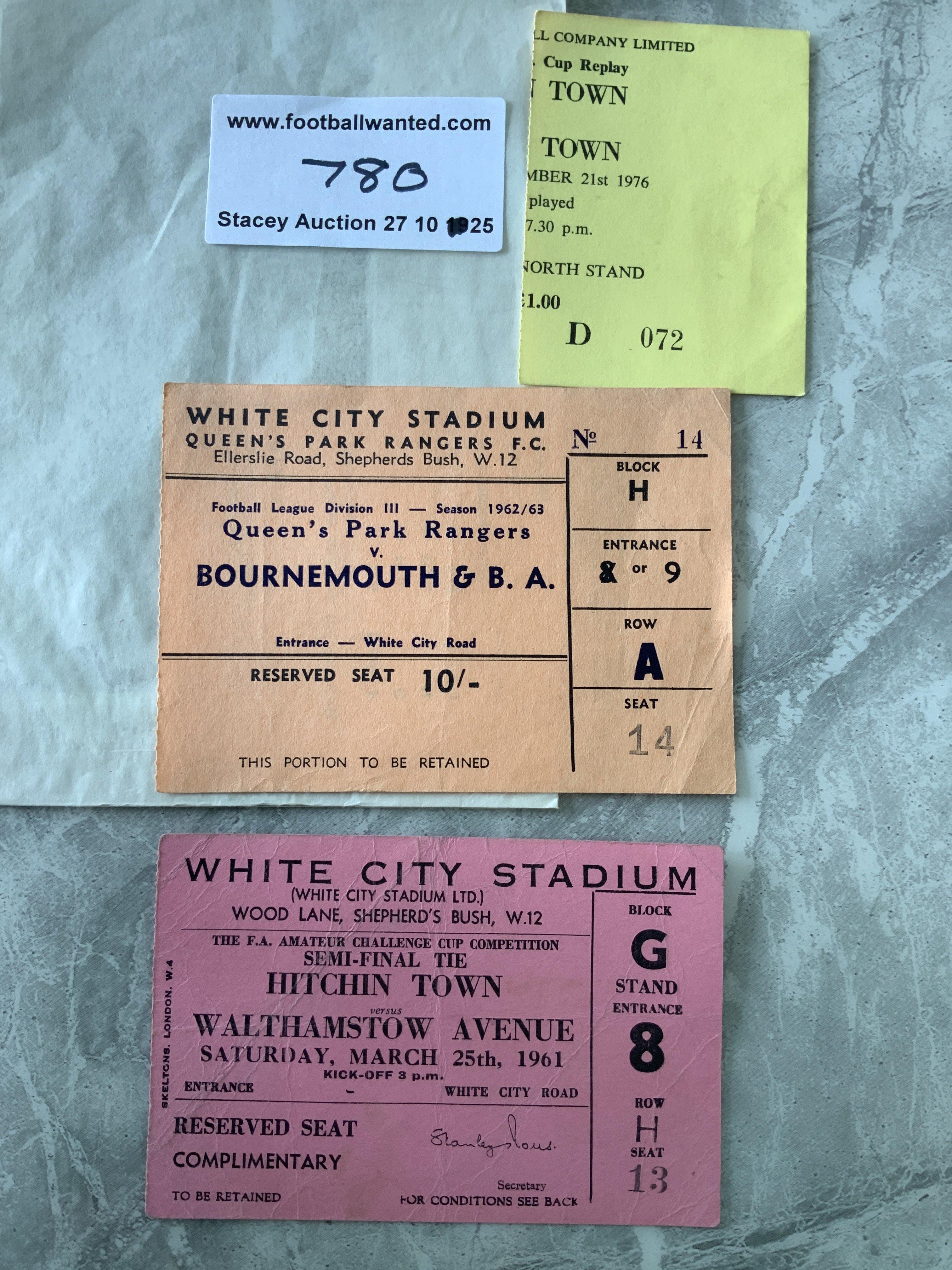 White City Football Tickets: 62/63 QPR v Bournemouth, 1961 Amateur Cup semi final Hitchin v Walthamstow. Good. (2)
