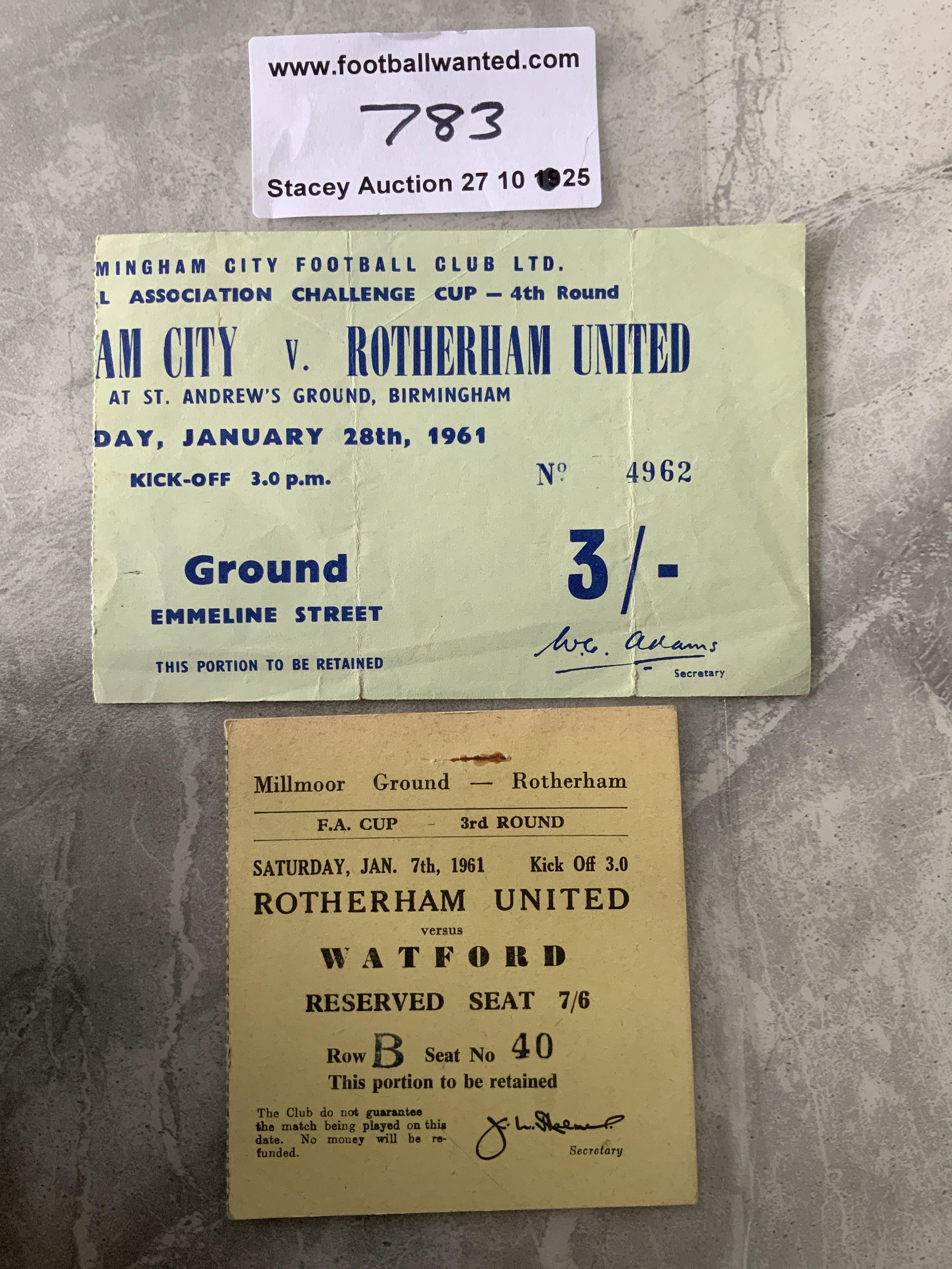 60/61 Rotherham FA Cup Football Tickets: Home to Watford excellent and away to Birmingham City crease. (2)