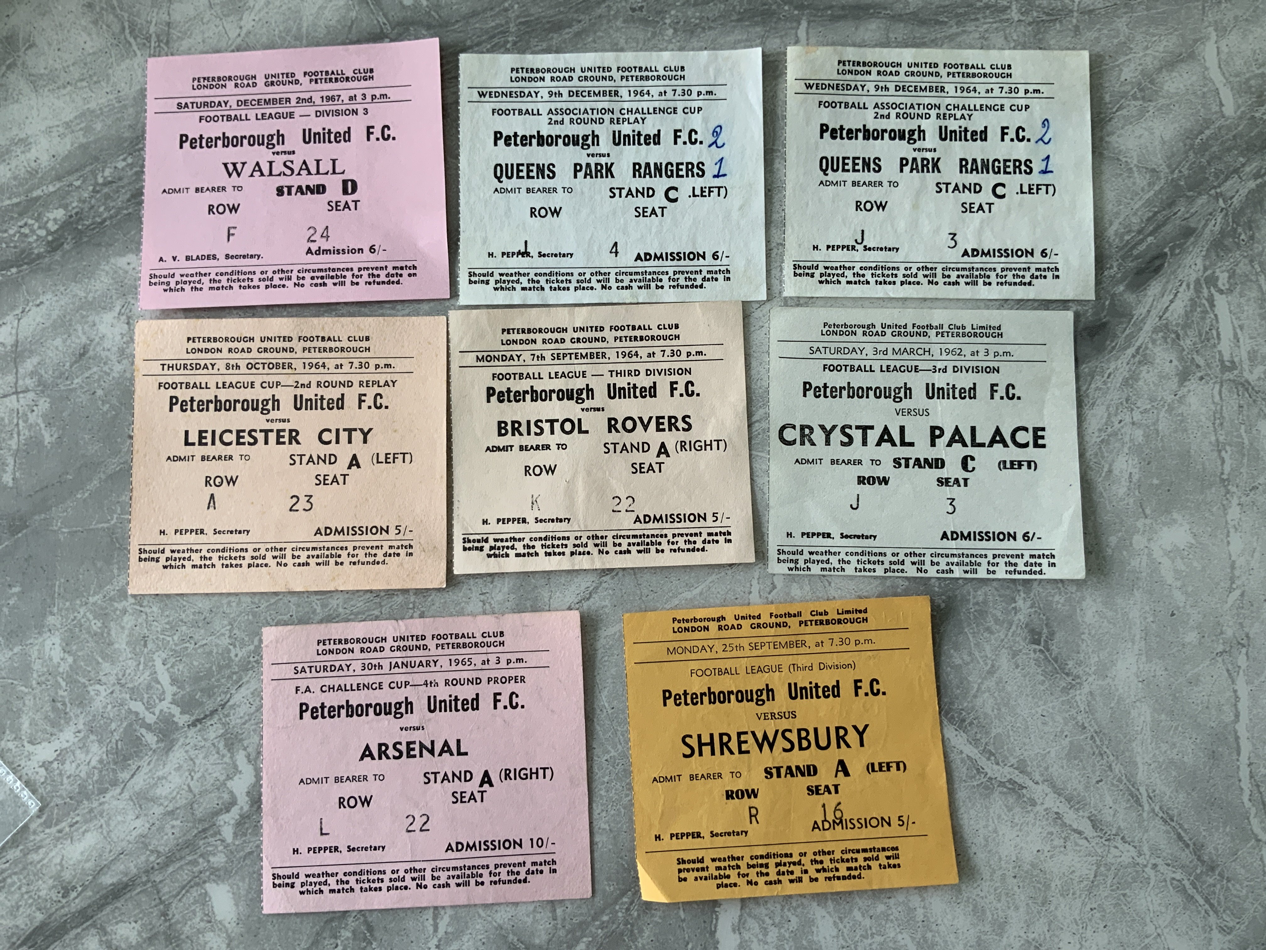 1960s Peterborough United Home Football Tickets: 61/62 Crystal Palace, Shrewsbury, 64/65 Bristol Rovers, Leicester League Cup replay, QPR FA Cup replay x 2 both sof, Arsenal FA Cup. Very good. (8)