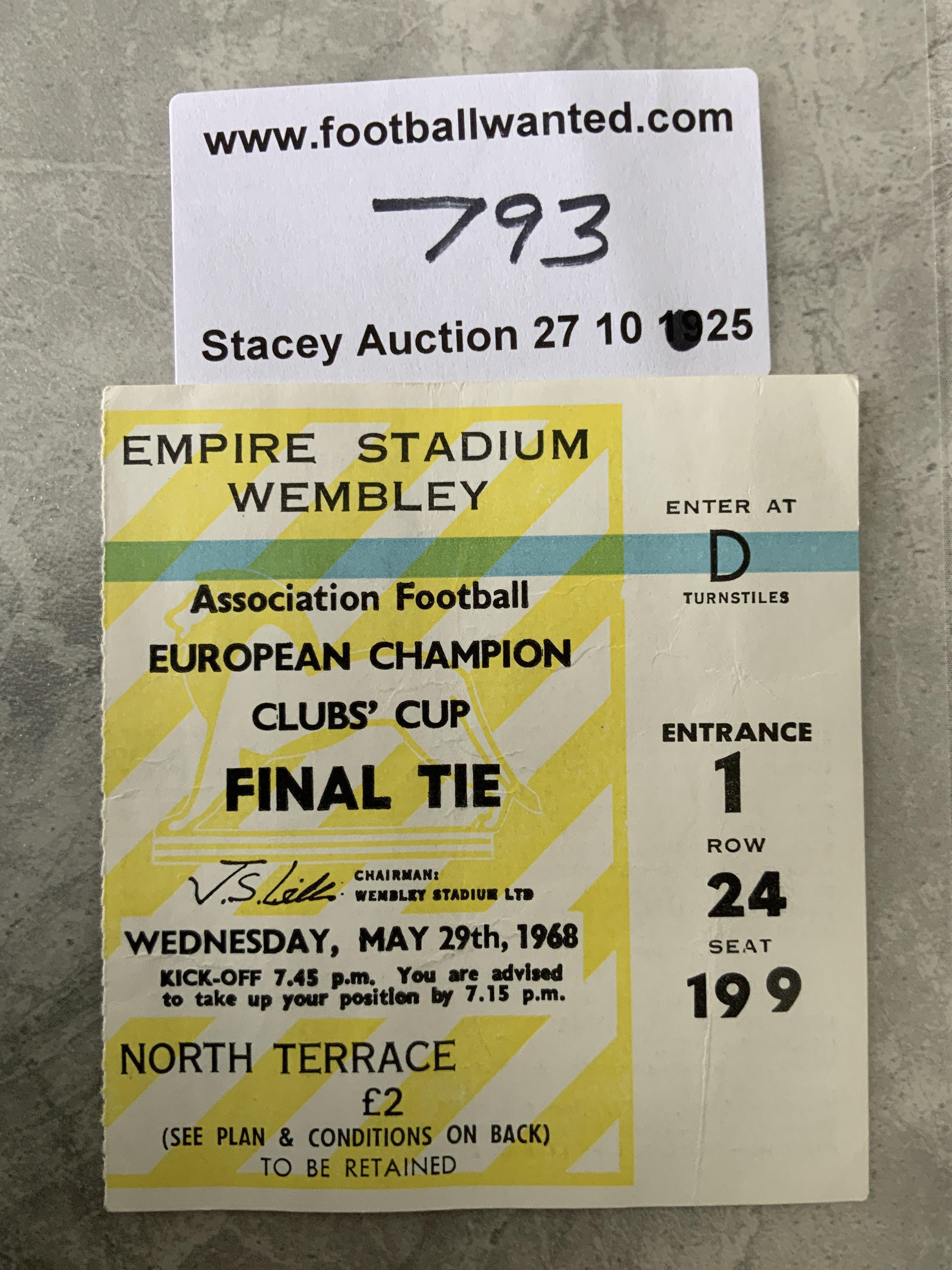 1968 European Cup Final Football Ticket: Manchester United v Benfica played at Wembley. Very good.