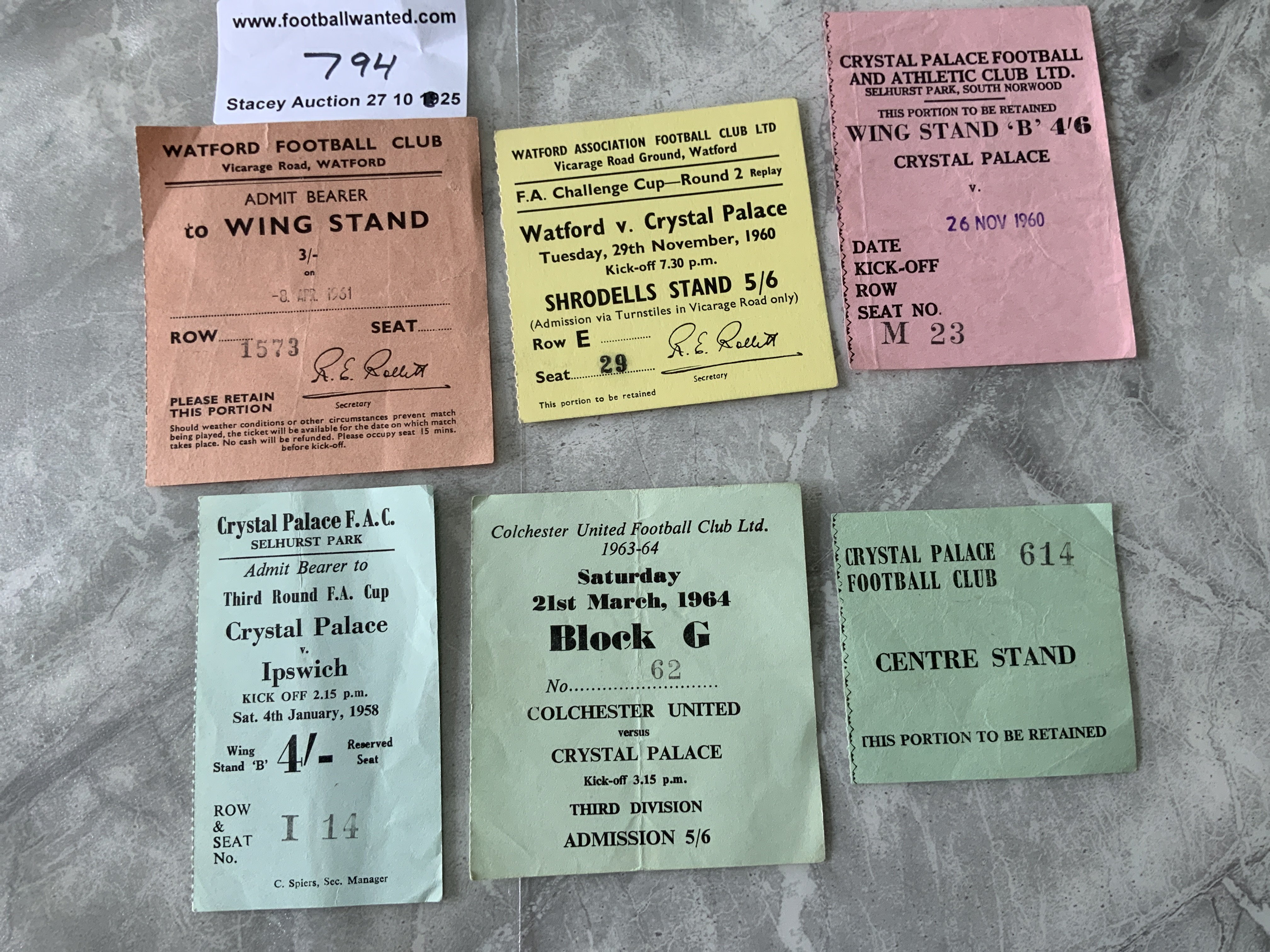 Crystal Palace Football Tickets: 60/61 away to Watford in the league and cup, 63/64 Colchester away. Home v 57/58 Ipswich FA Cup. C/W 60/61 Watford v Reading. Good. (6)