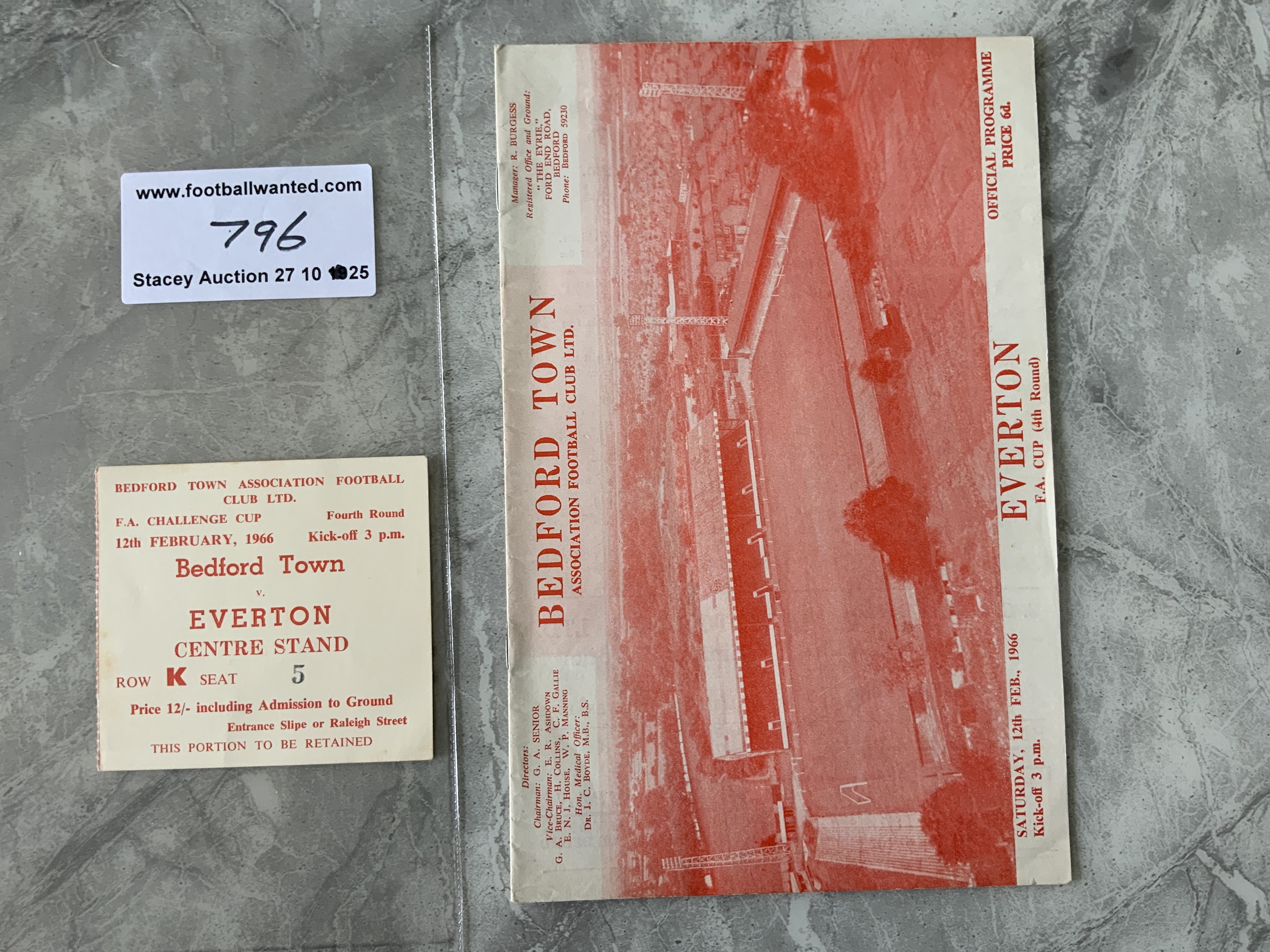 65/66 Bedford Town v Everton FA Cup Programme + Ticket: Rare ticket for the match at Bedford in the season Everton went on to win the FA Cup. Excellent with no writing to either. (2)