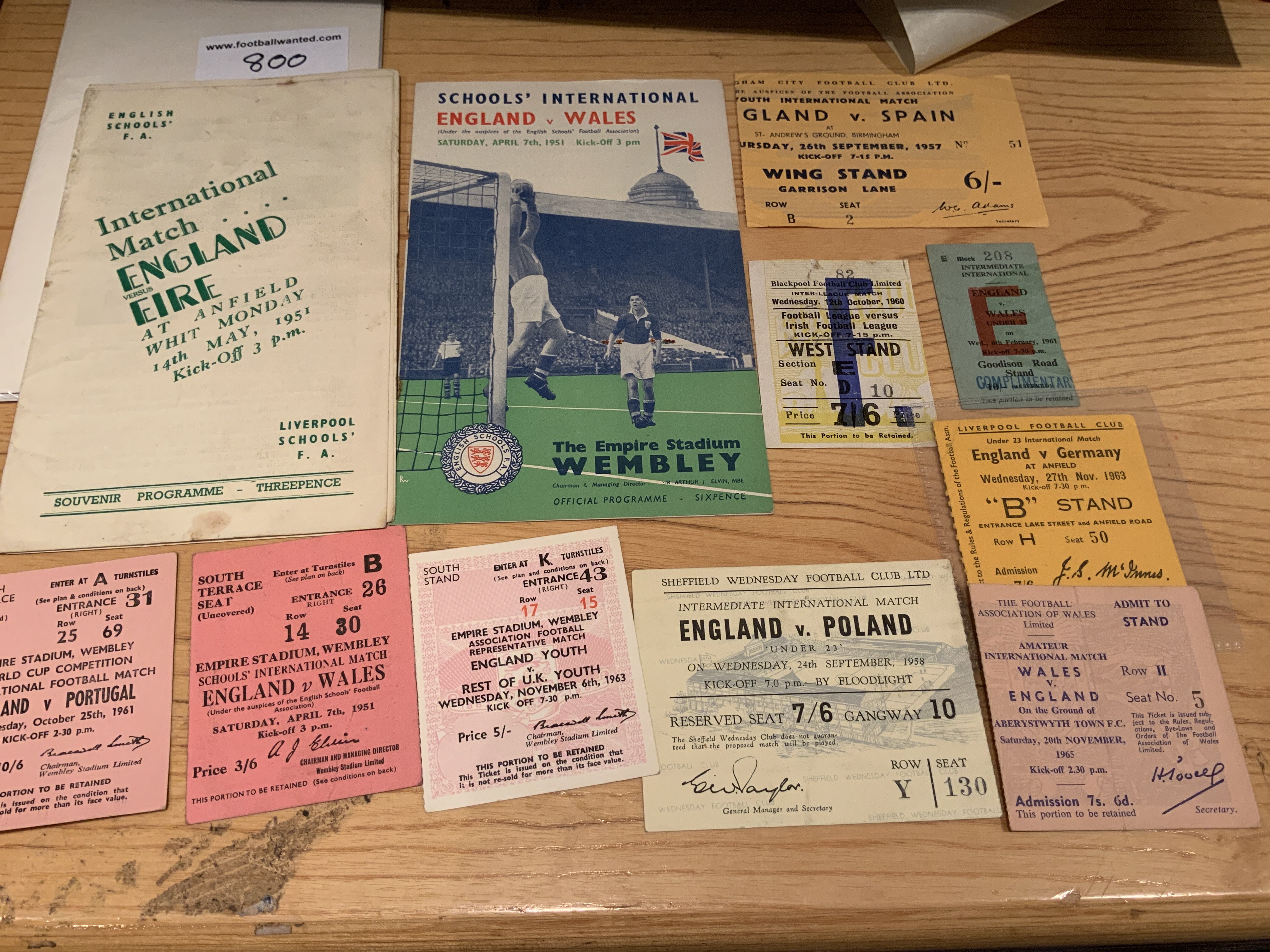 England Youth Amateur + Schools Football Tickets: Away amateur at Aberystwyth 1965 v Wales. The rest in England to include 1963 Germany U23 at Liverpool, 1958 Poland at Sheff Wed, 1961 Wales at Everton. Programme + ticket for 1951 v Wales Schools at Wembley and a programme v 1951 Eire at Liverpool.