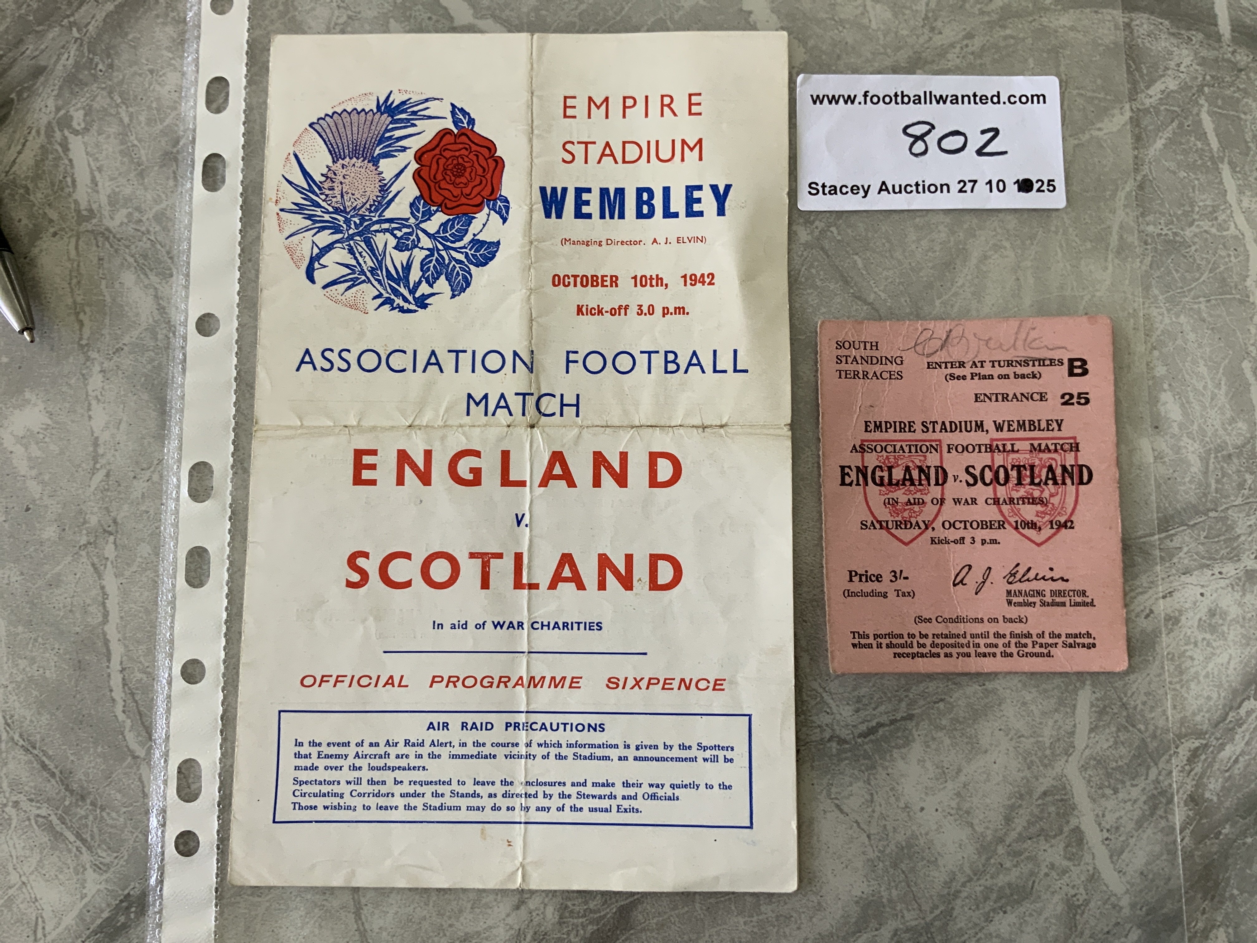 1942 England v Scotland Football Programme + Ticket: Programme for war time International has heavy folding with ticket in good condition with lightly pencilled autograph of Everton and England player C Britton.
