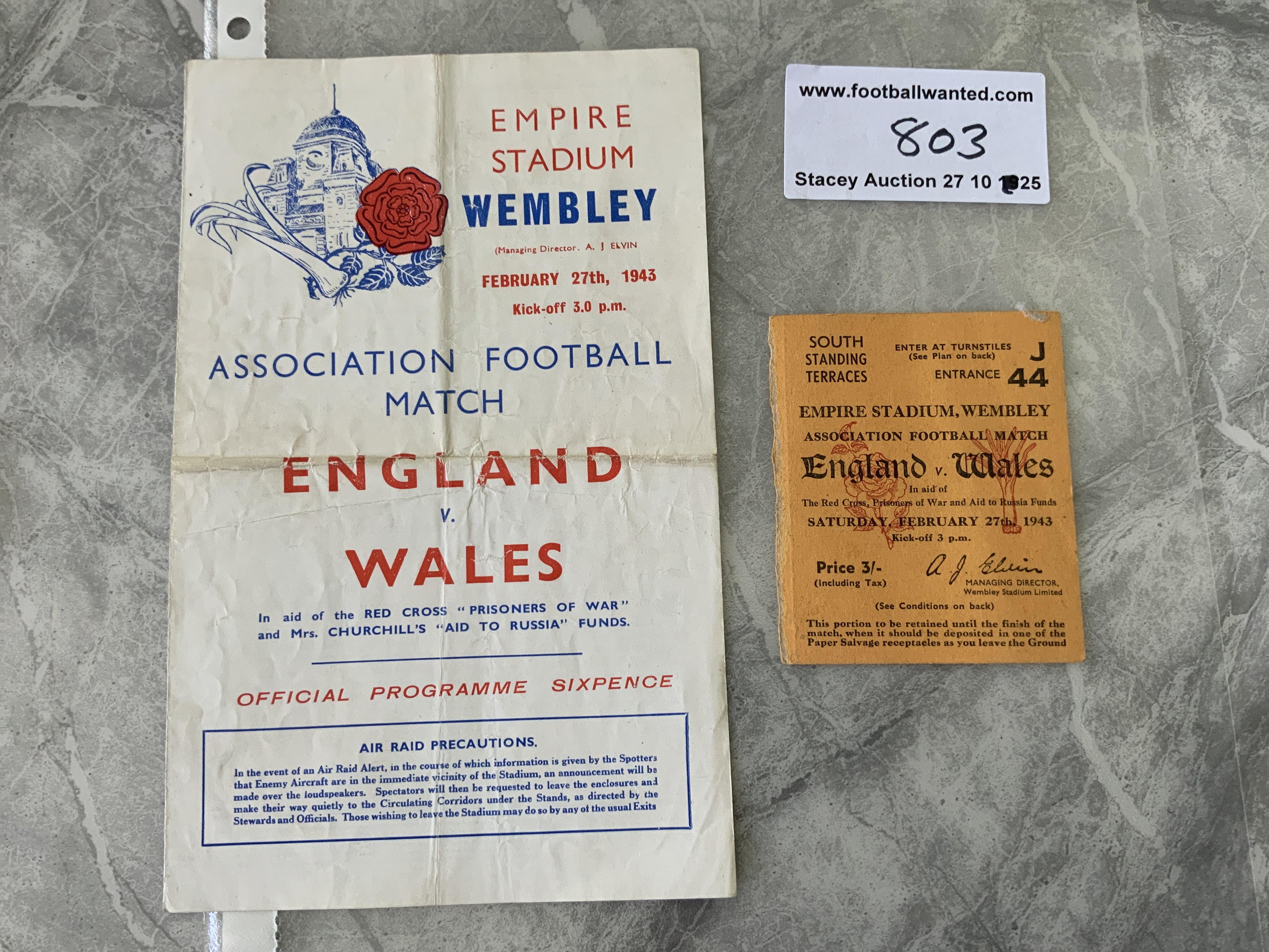 1943 England v Wales Football Programme + Ticket: Programme for war time International has heavy folding with ticket in good condition.