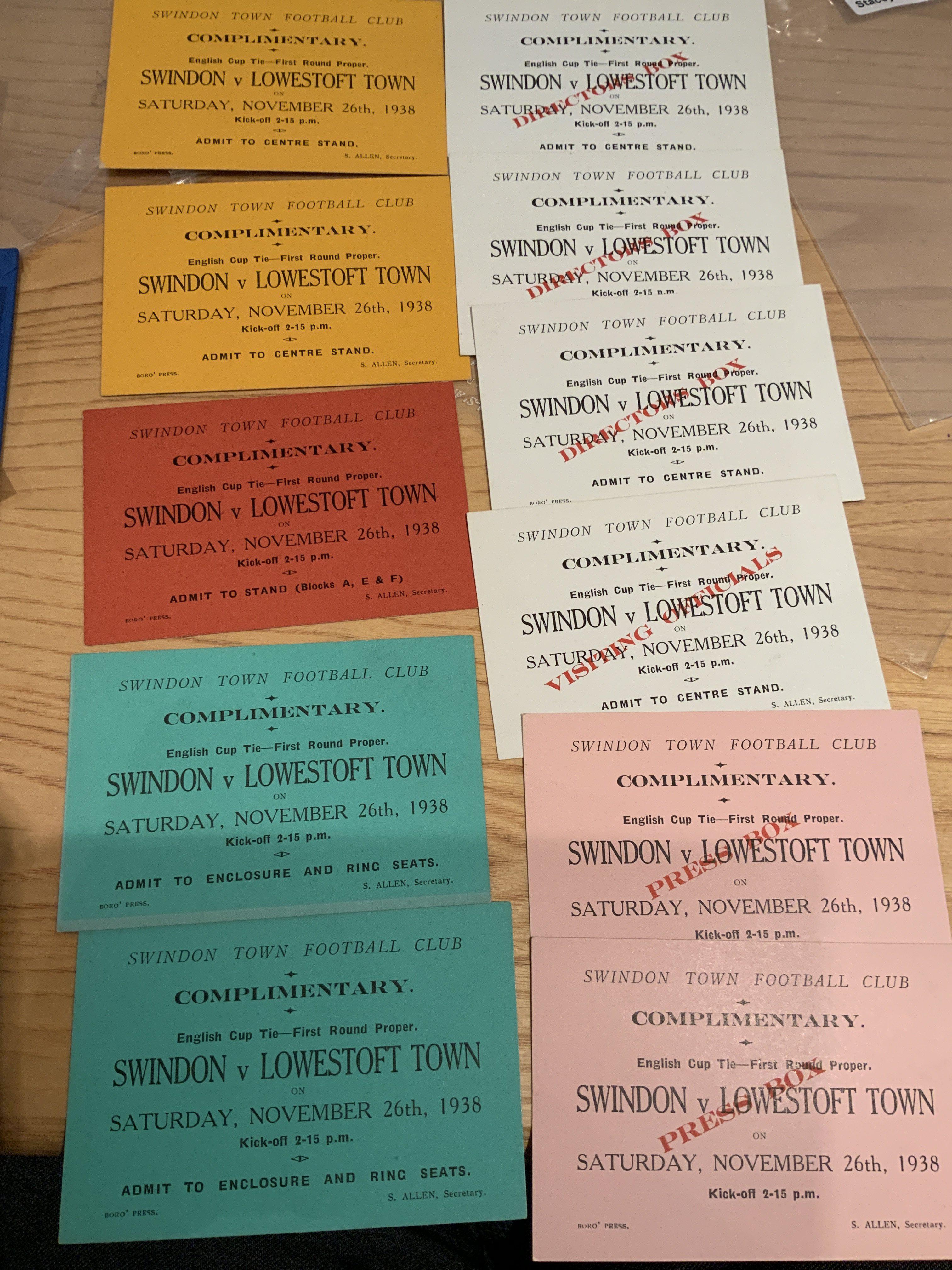 38/39 Swindon Town v Lowestoft FA Cup Football Tickets: First round complimentary tickets in mint condition in various colours with pink ones being press box and white ones being directors box with other 3 colours being different parts of the ground. (11)