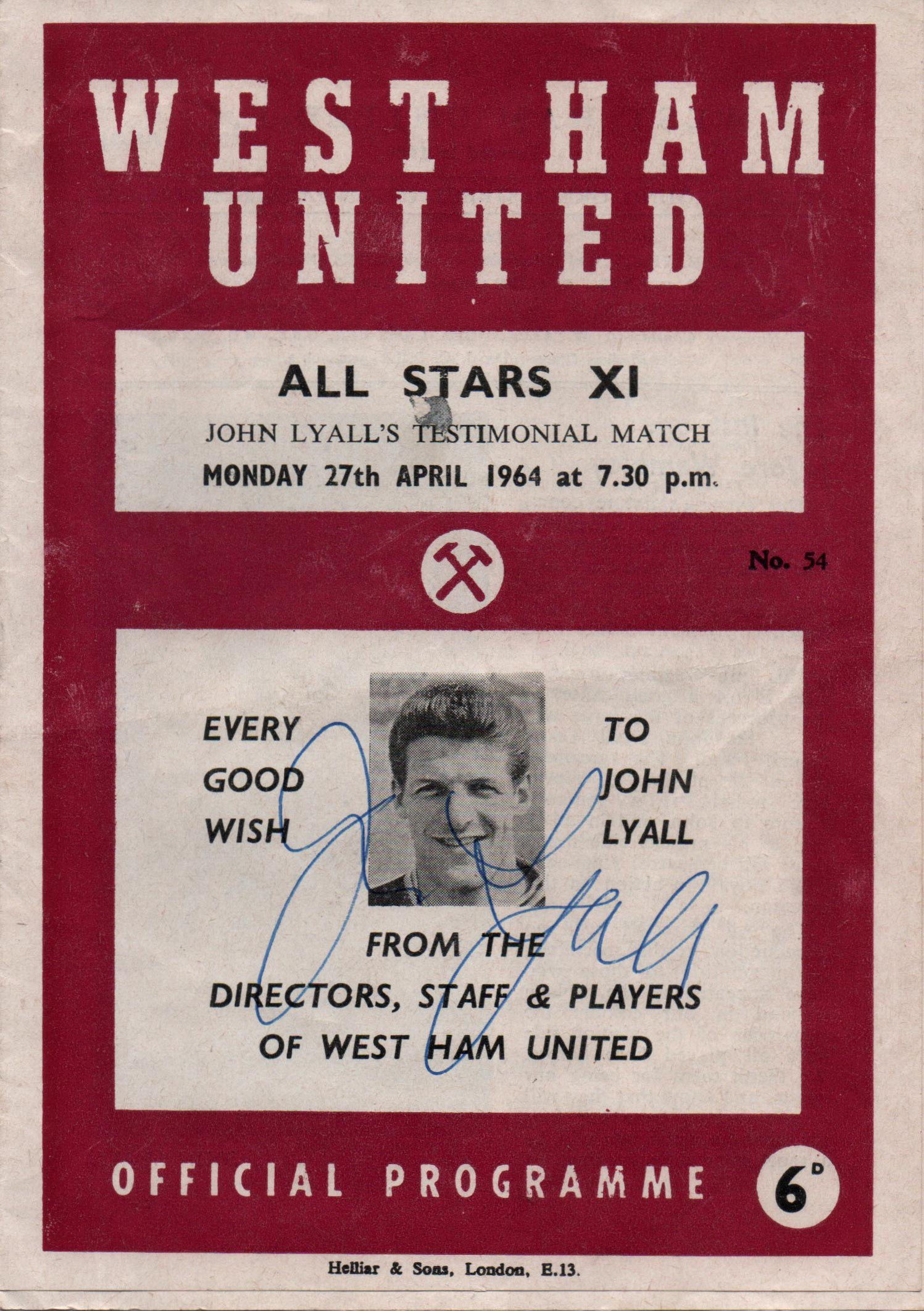 John Lyalls West Ham Signed Copy Of His Testimonial Programme: 1964 programme is signed to the cover of his testimonial programme by himself.