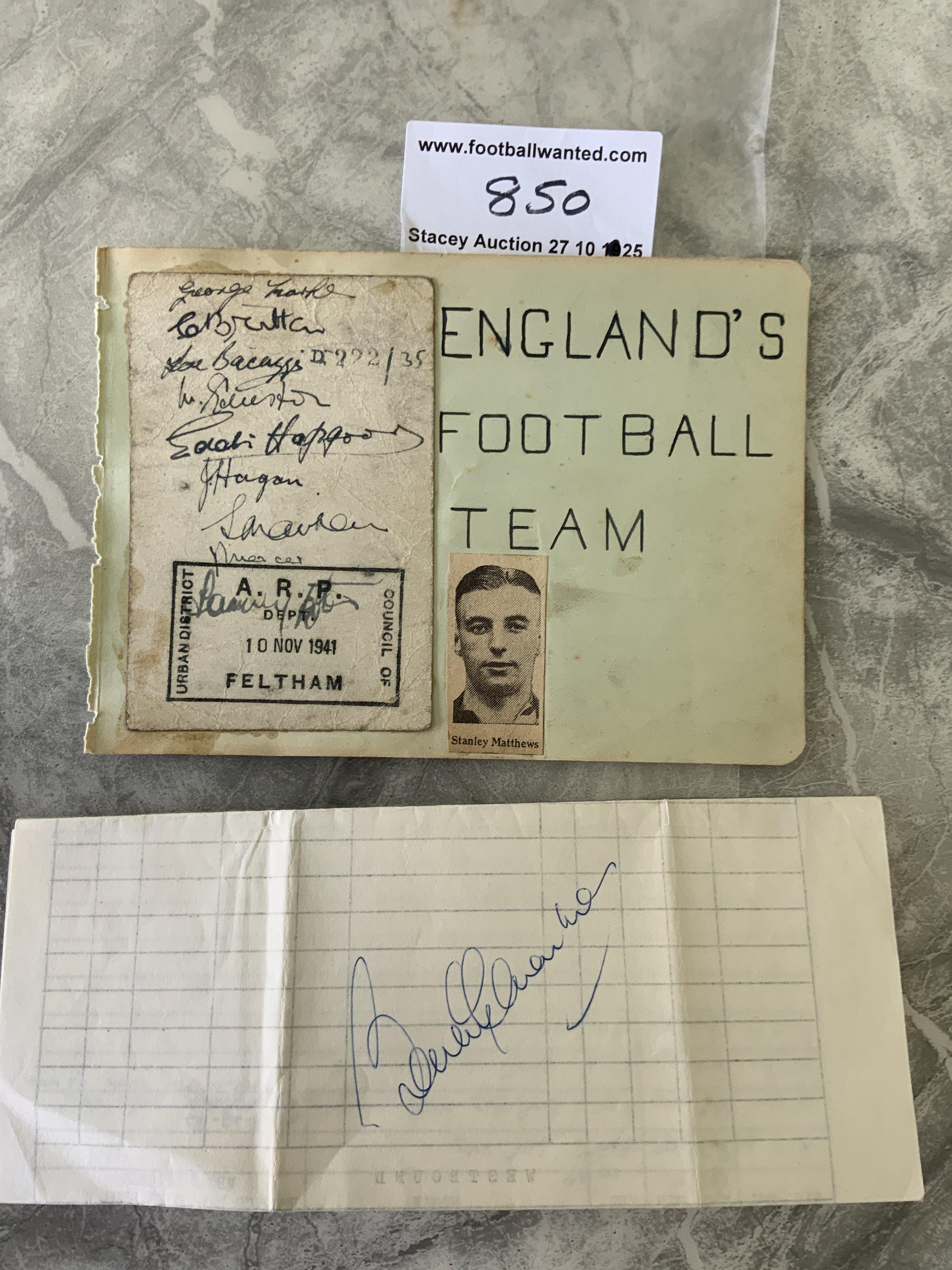 1941 England Football Autographs: Autograph page with 8 signatures stuck down to include Hapgood Matthews Hagan Edelston Bacuzzi and Brittany. C/W Bobby Charltons autograph on a page collected in 1970.