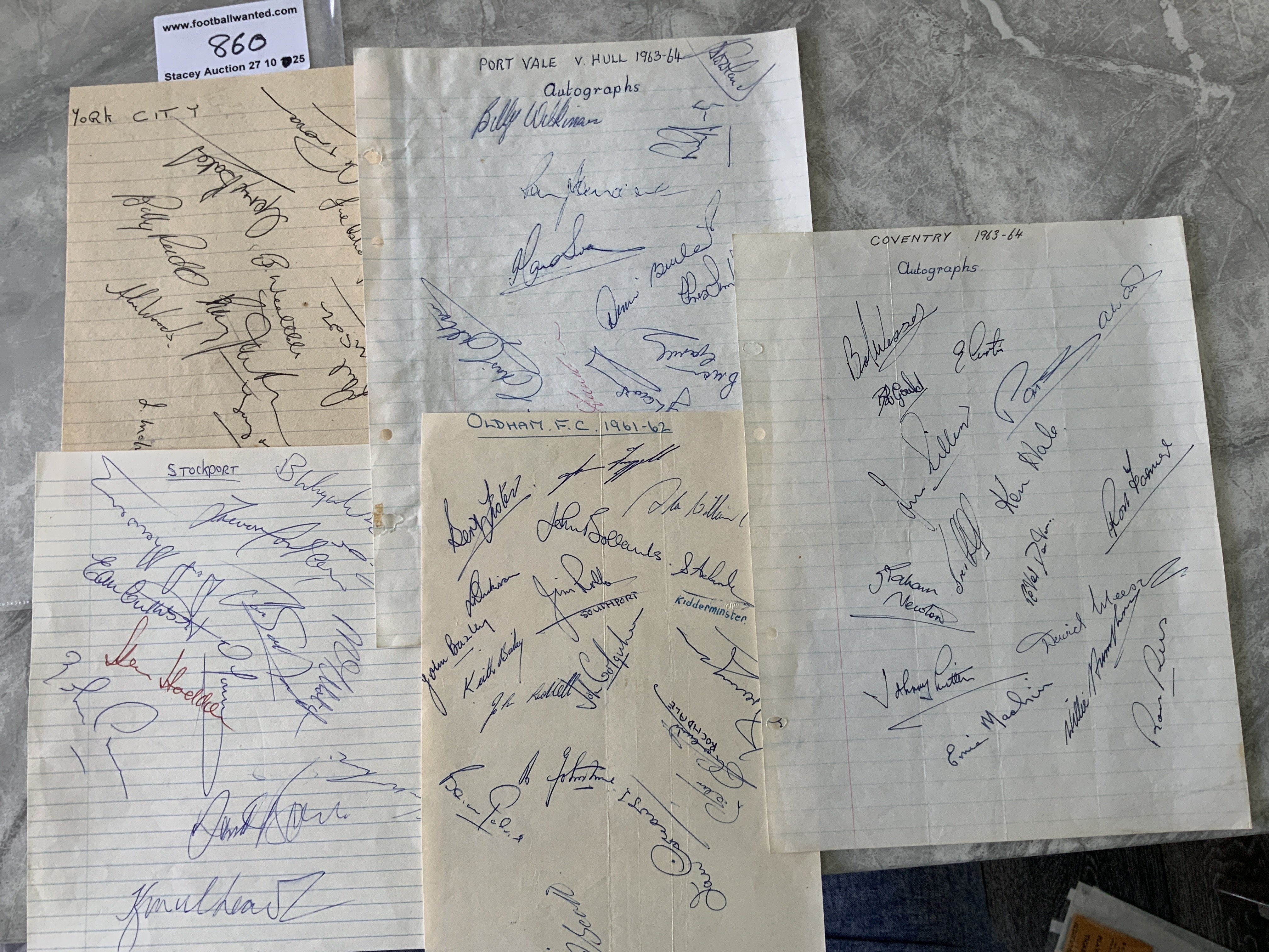 1960s Football Autographs: Loose pages hand signed in pen by 63/64 Coventry x 15, 61/62 Oldham x 16, 63/64 Port Vale v Hull x 15, Stockport x 12, York City x 10. (5)