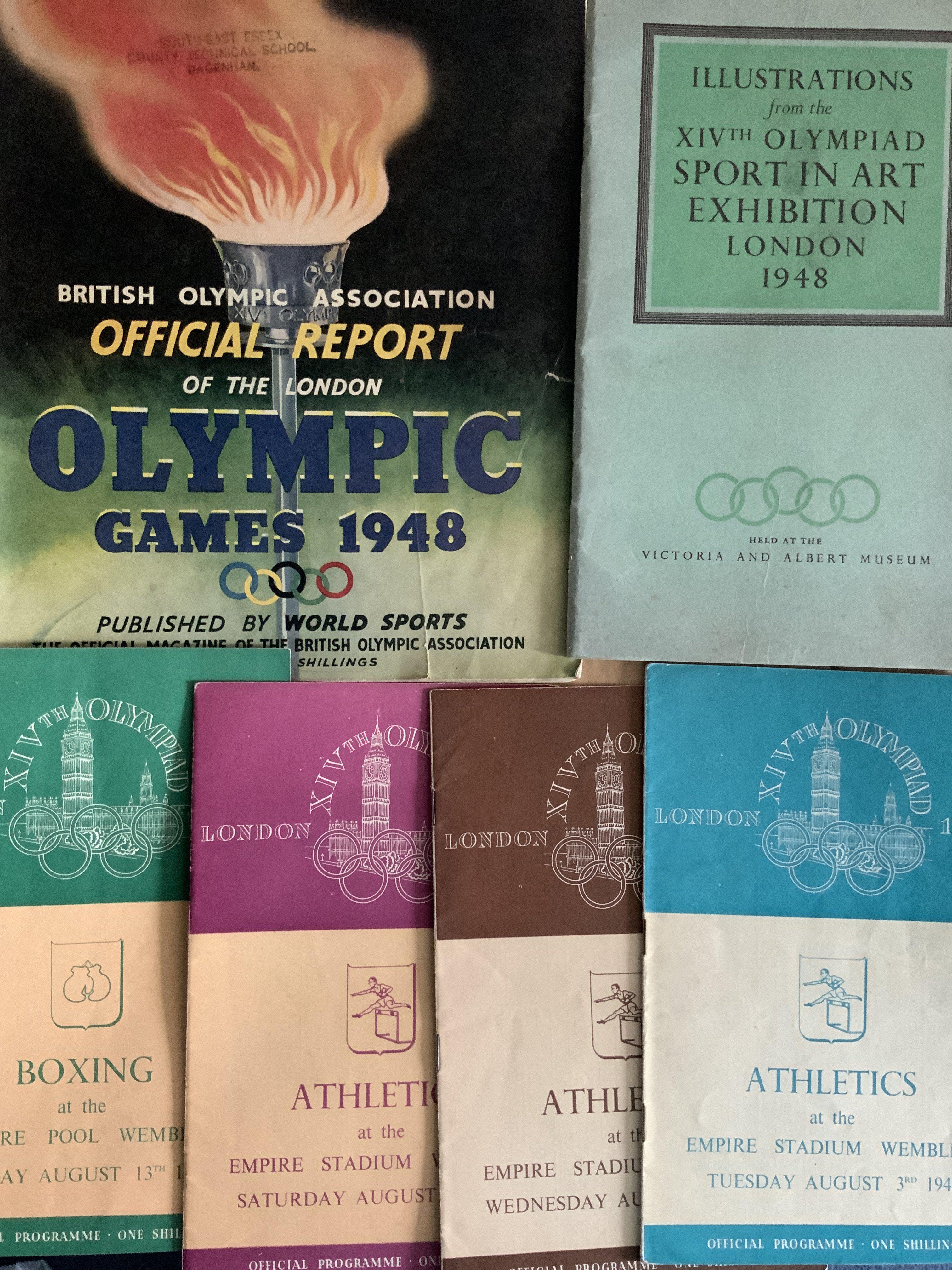 1948 London Olympics Programmes: Official programmes for athletics on 3rd 4th and 7th August. C/W Boxing 13 August, official report brochure with slight tear and an Olympic art exhibition brochure. Overall good. (6)