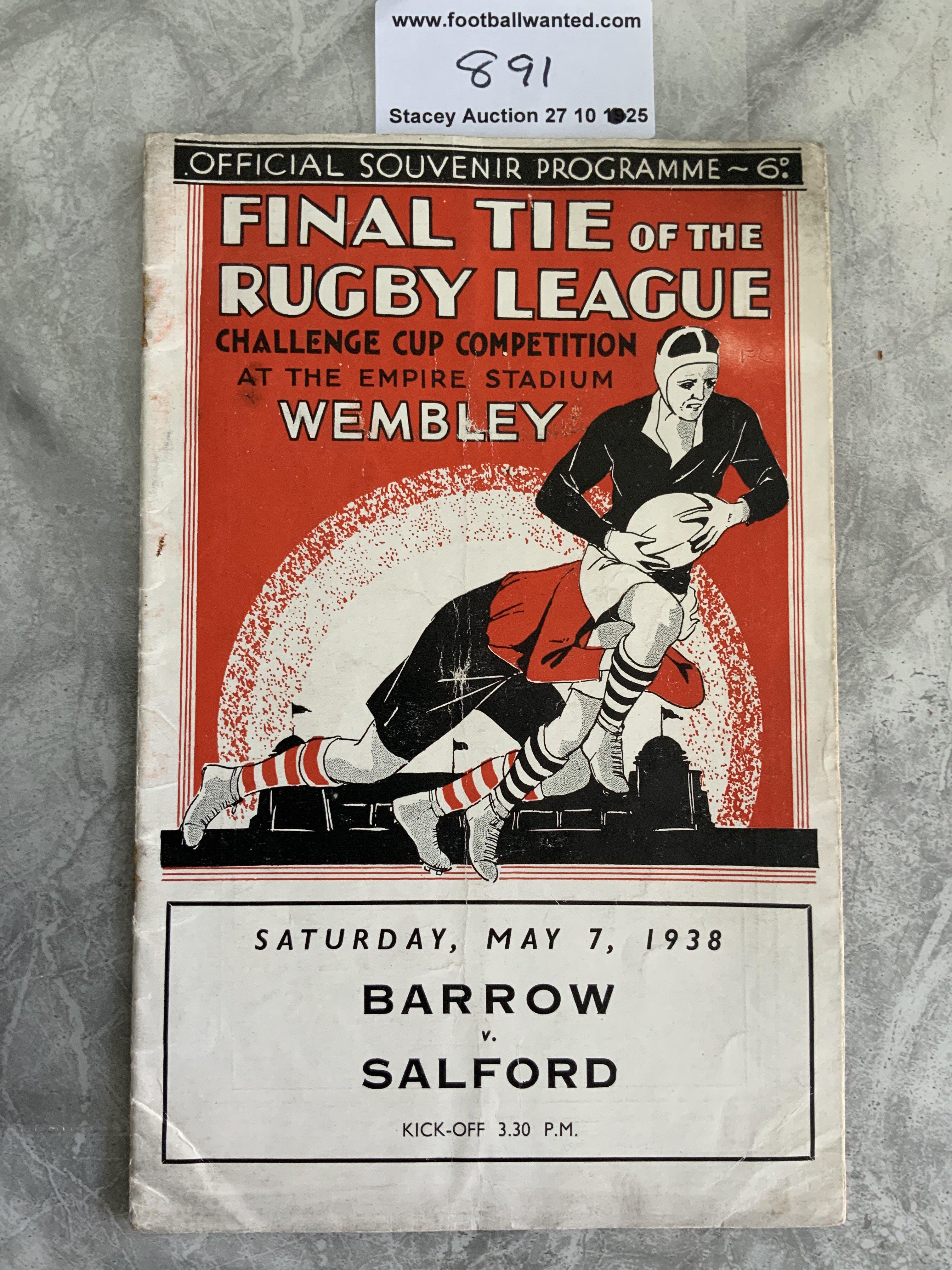 1938 Rugby League Cup Final Football Programme: Salford v Barrow played at Wembley in good condition with no team changes. Similar style to FA Cup final programme of same season. Ex rusty staples have left a hole where they used to be.