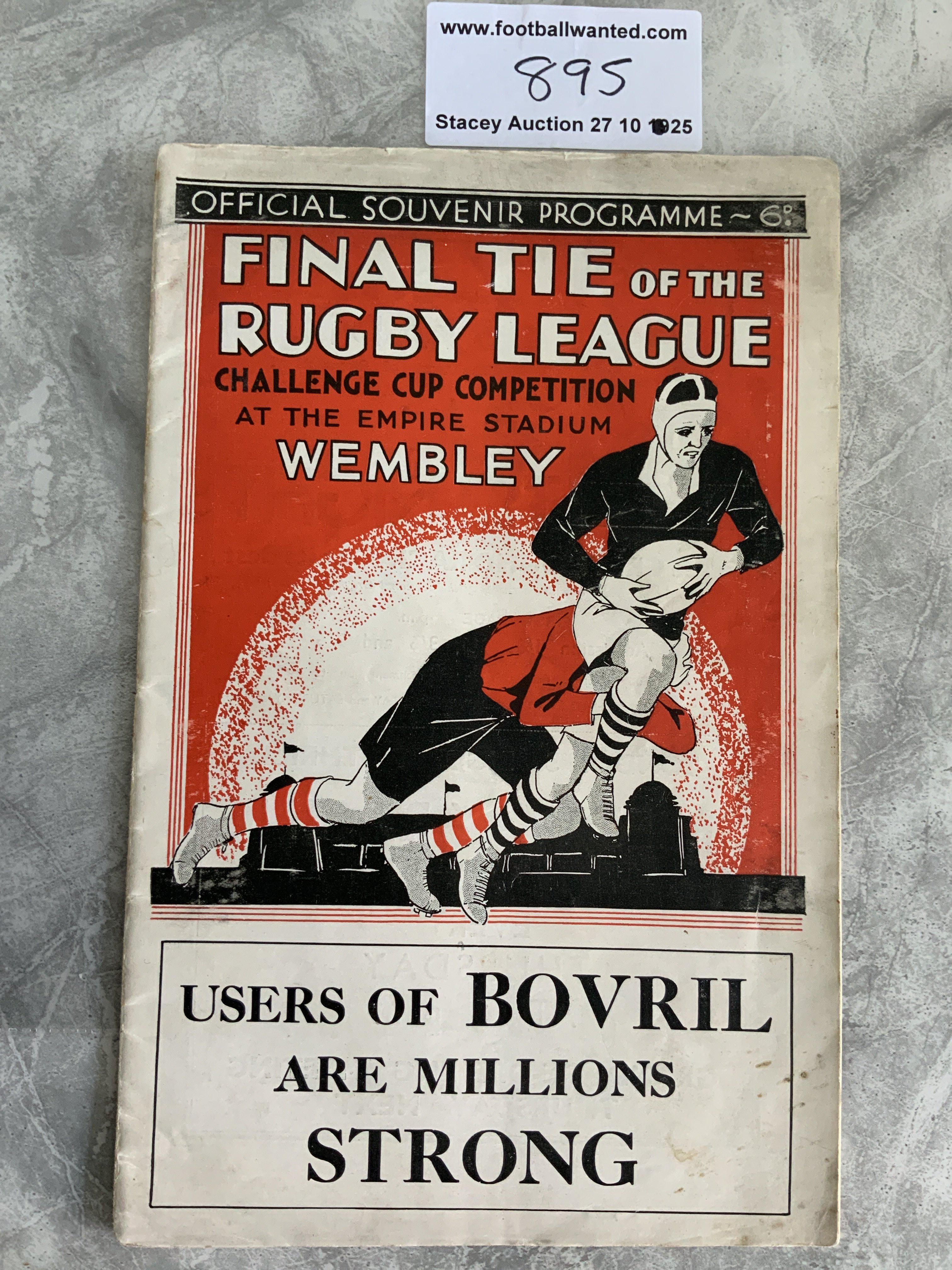 1934 Rugby League Cup Final Football Programme: Widnes v Hunslet played at Wembley in good condition with no team changes. Similar style to FA Cup final programme of same season. Rusty staples holding firm.