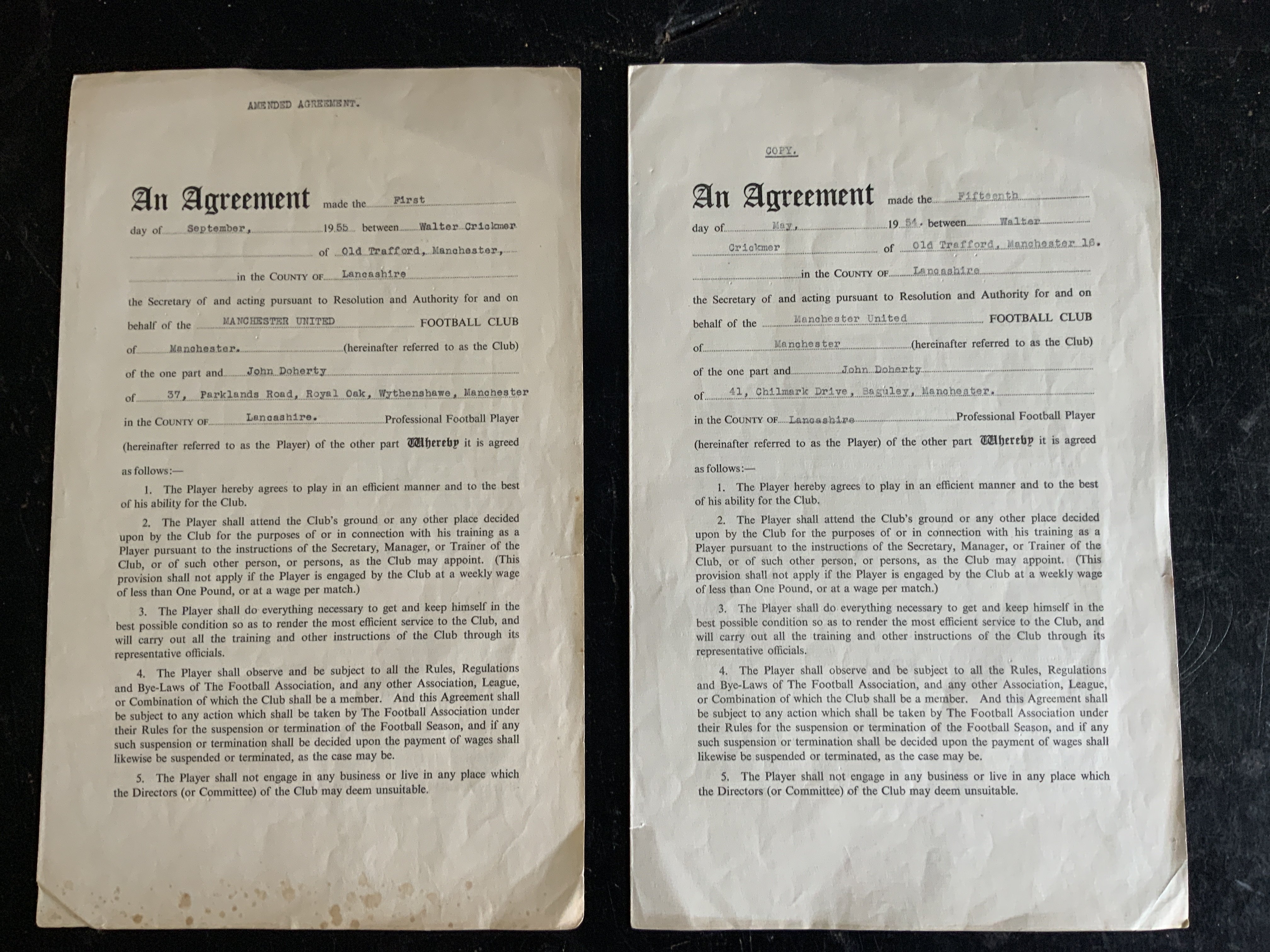 John Doherty 1950s Manchester United Football Contracts: John played for Man Utd from 1952 to 1957 and these are his annual contracts for 54/55 and 55/56. In the 55/56 season he made 26 appearances scoring 7 goals in the championship season. John moved to Leicester in 1957 avoiding the ill fated trip to Munich the next season in which he later did charity work for as Chairman of the former Manchester United Players Association. (2)