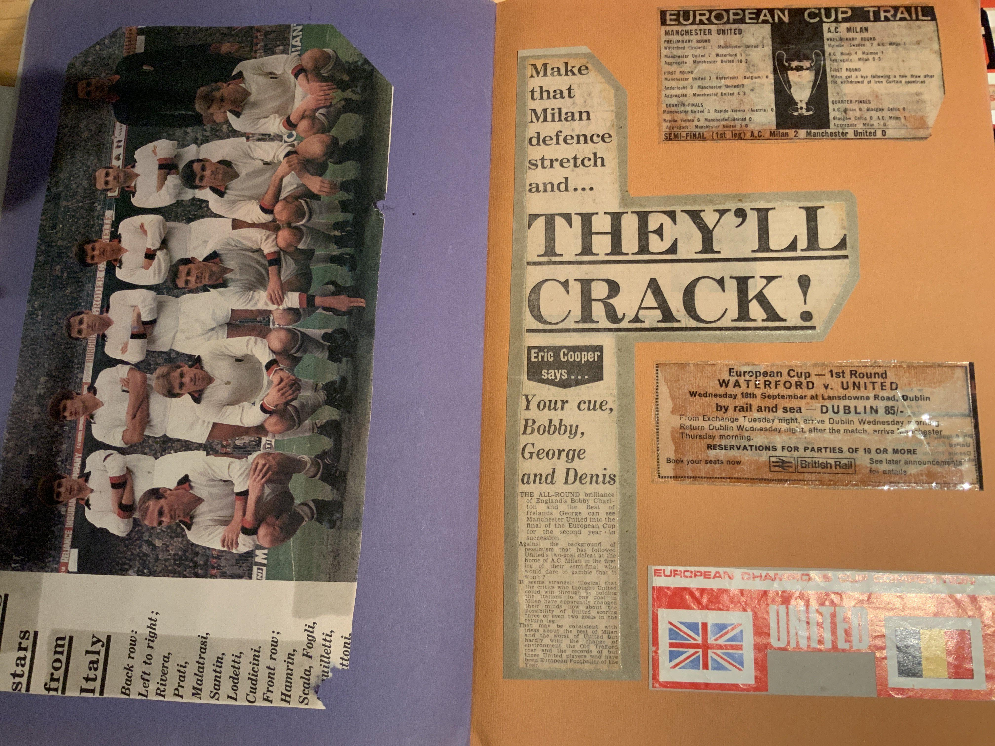 Manchester United 1960s Football Scrapbooks: Covers subjects such as European Cup with tickets selotaped in for Real Madrid away. Other scrapbook covers 1957 to 1966. Cuttings etc all heavily celotaped in and covers Munich Disaster 1958.