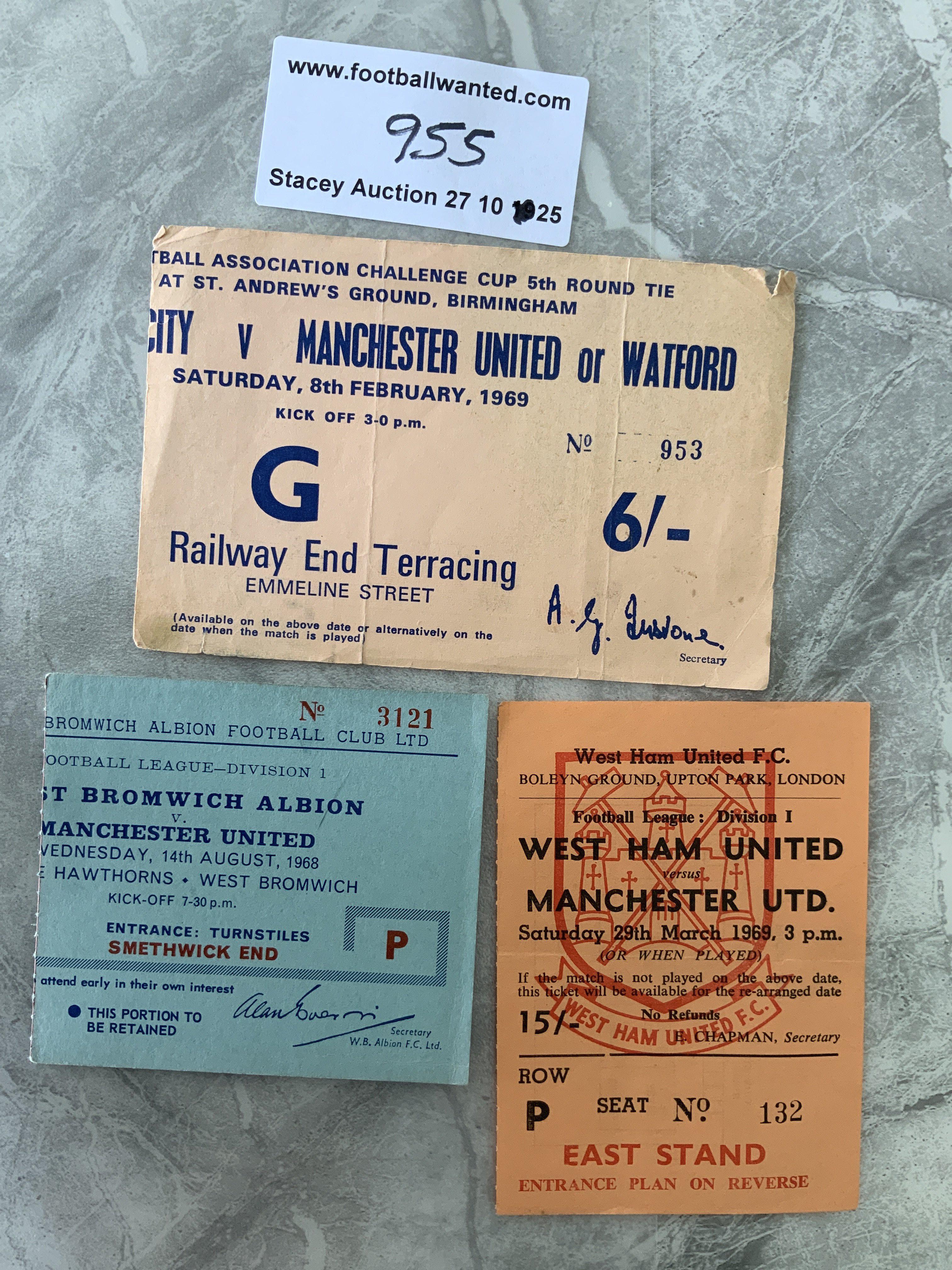 68/69 Manchester United Away Football Tickets: League matches at West Ham and West Brom plus FA Cup at Birmingham folding. Overall good. (3)