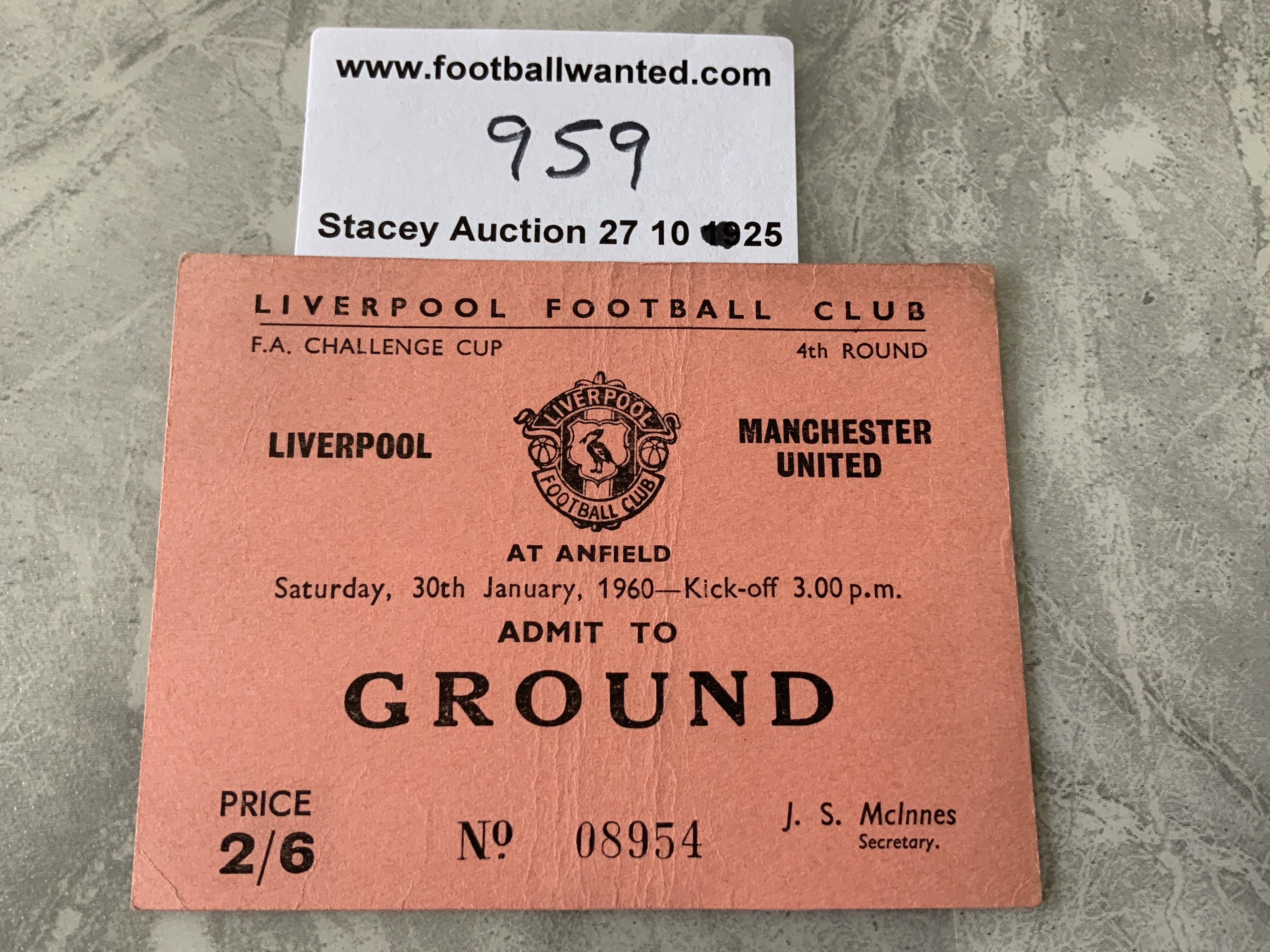 59/60 Liverpool v Manchester United Football Ticket: Good condition FA Cup 4th round ticket at Anfield.