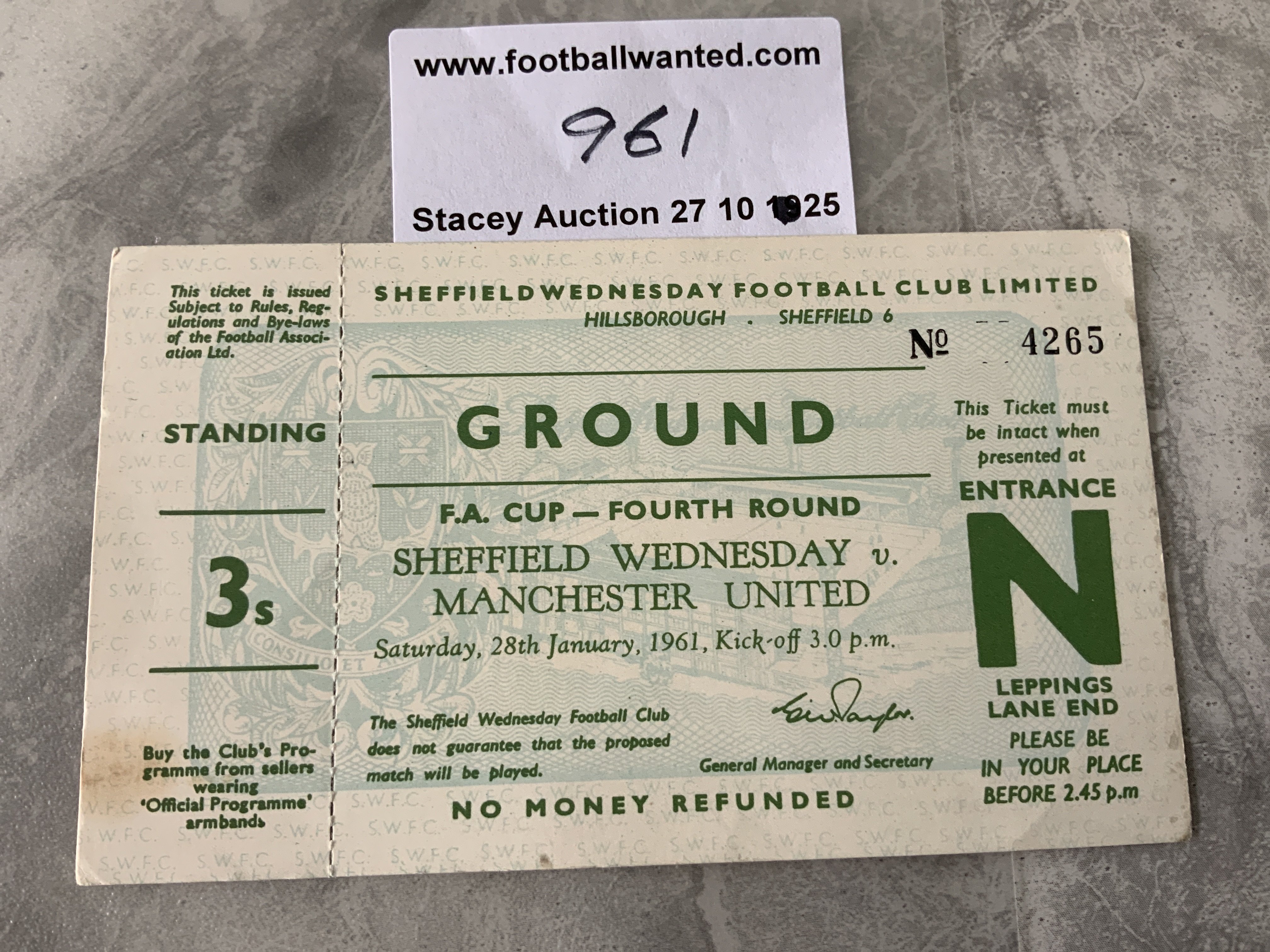 60/61 Sheffield Wednesday v Manchester United Football Ticket: Unused fourth round FA Cup match at Hillsborough with counterfoil still attached. Good.