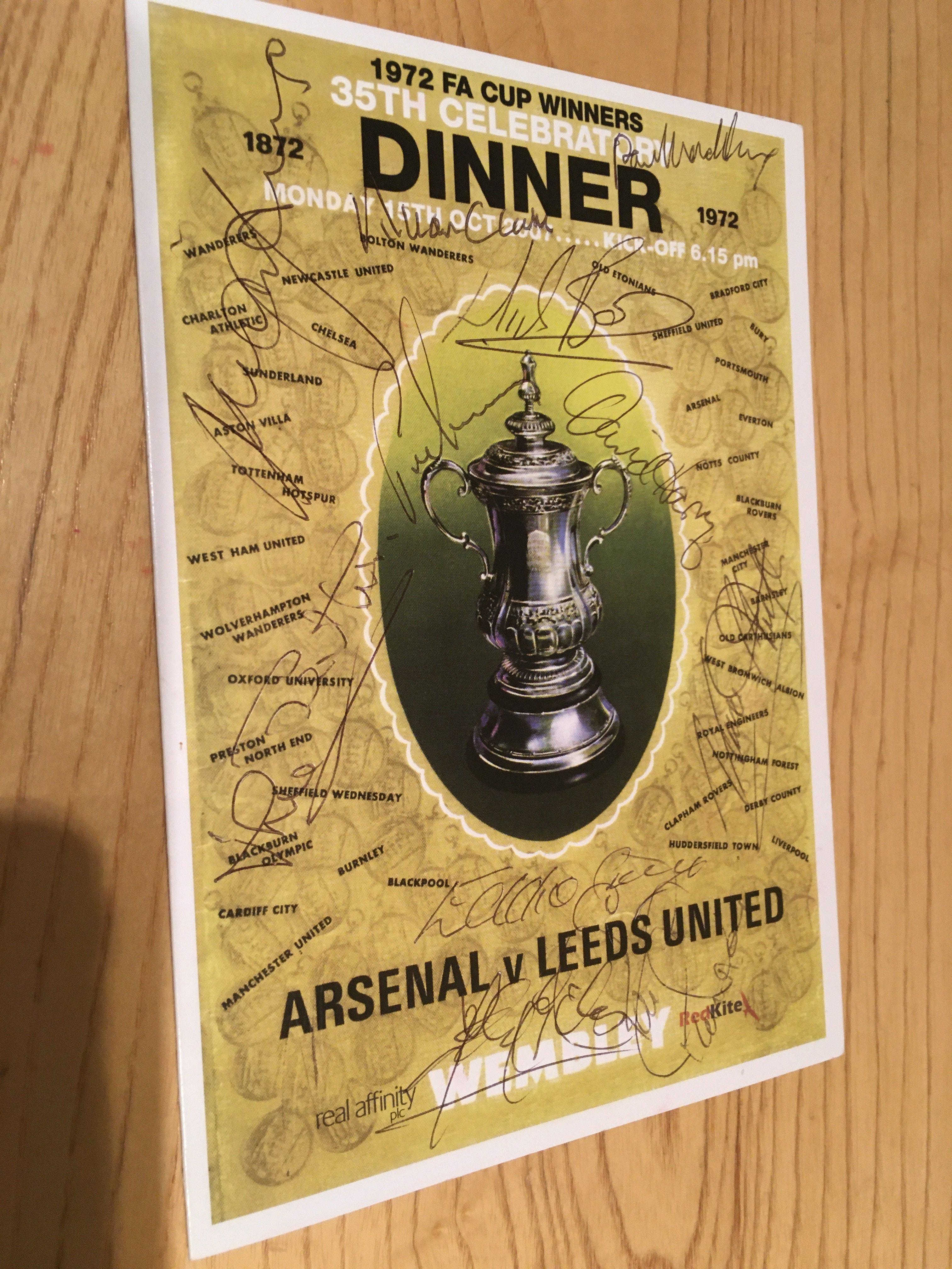 Leeds United 1972 Cup Winning Team Signed Dinner Menu: Dinner menu held in 2007 signed by 11. Autographs of Reaney Gray Hunter Lorimer Clarke Bates Charlton Jones Giles Harvey and Madeley. Former property of Mick Bates and Coa from reputable source.