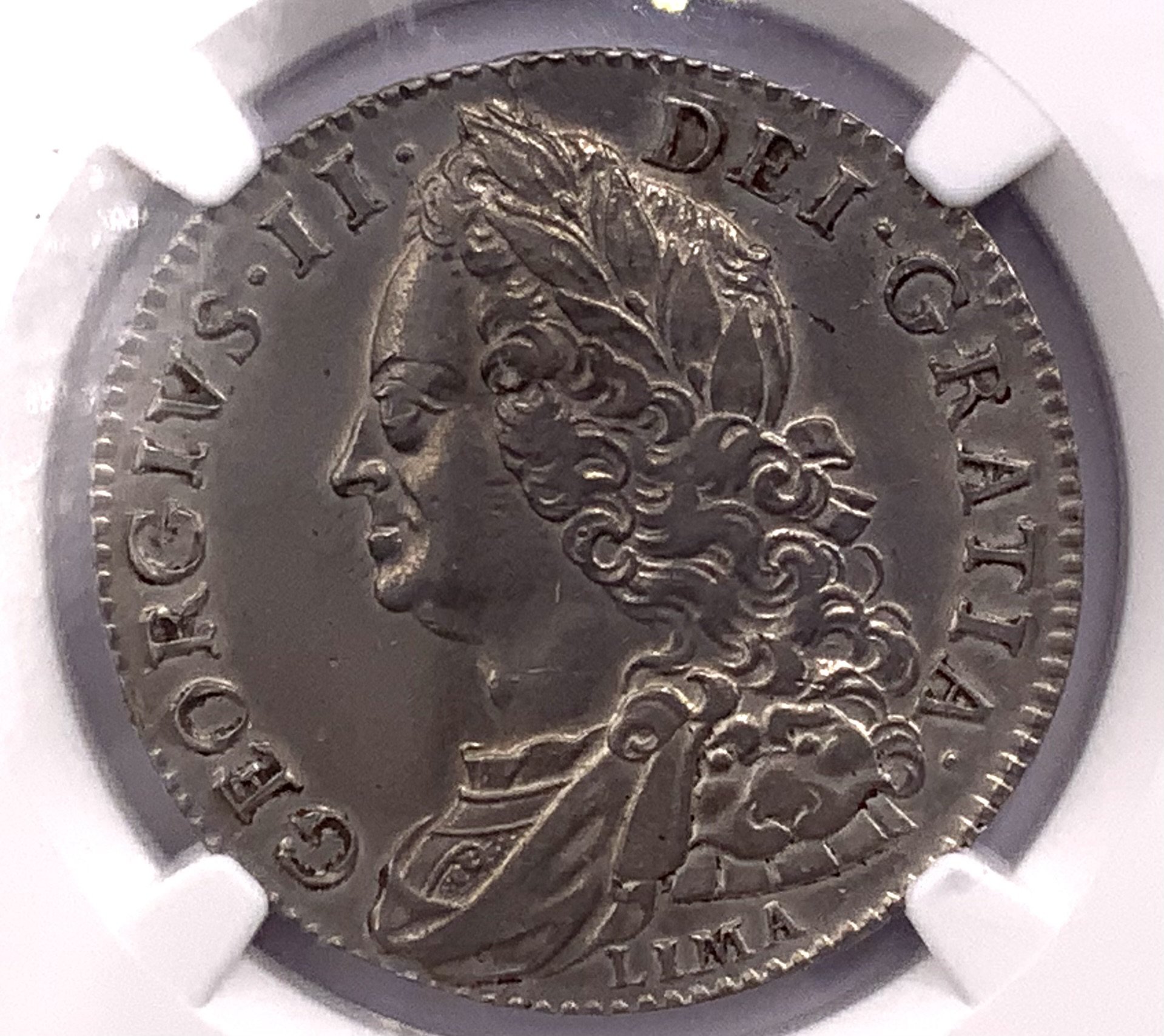 Great Britain, 1746 George II LIMA half crown, NGC encapsulation.