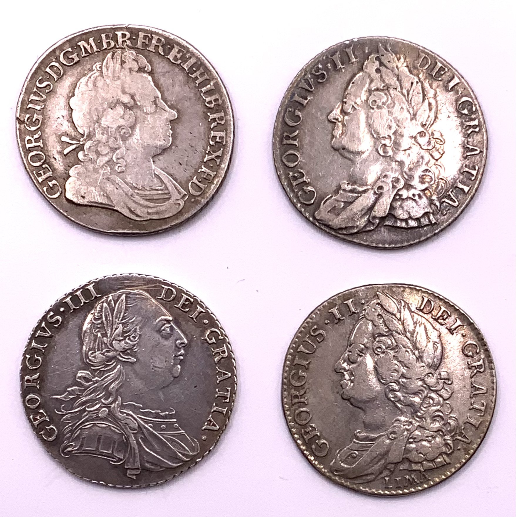 Great Britain, Shillings, George I 1723 SSC in angles on rev, George II, George II 1745 Lima, George III 1787.