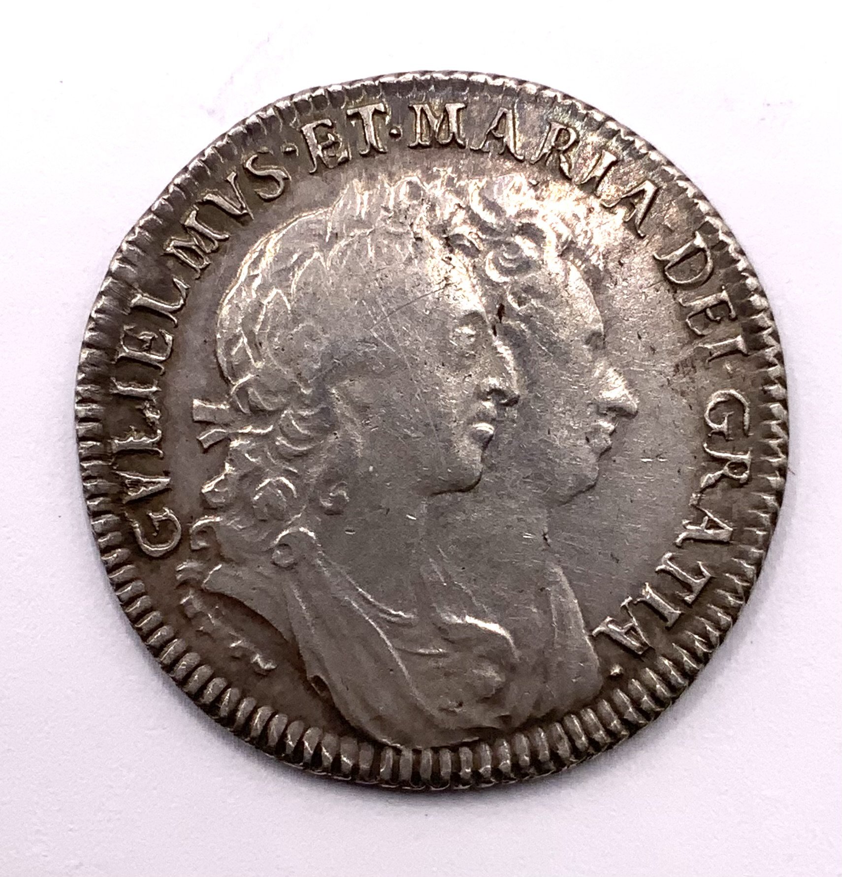 Great Britain, William and Mary (1688-94), silver Shilling, 1693, conjoined laureate and draped busts right, legend surrounding.