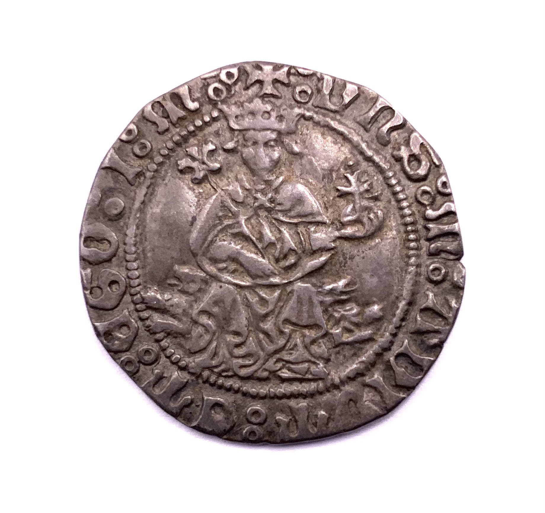 Italy, Naples, Alfonso I of Aragon (1442-58), silver Carlino, undated, the king facing on throne, holding orb and sceptre, A in field to left. Rev. quartered arms, 3.60g.
