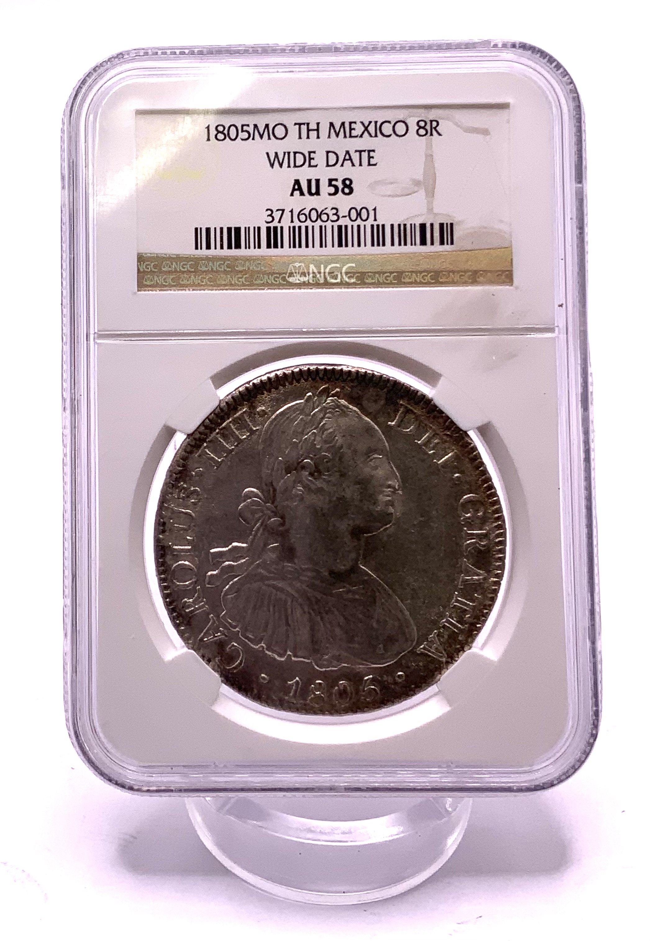 Mexico SPANISH COLONY 8 Reales 1805, NGC Encapsulation and grading AU58.