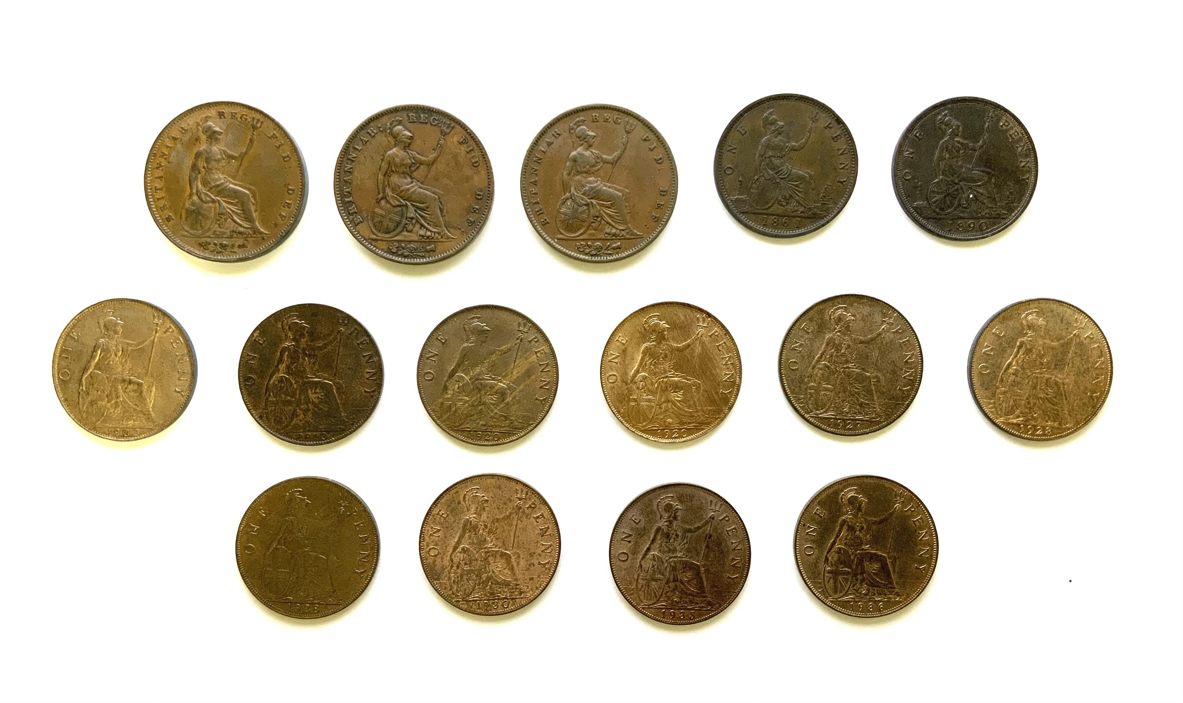 A Good Selection of British Pennies dates to inlcude Victoria 1854, 1838, 1841, 1861, 1890, Edward VII 1903, 1910, George V 1920, 1920, 1927, 1928, 1928, 1930, 1935, 1936.