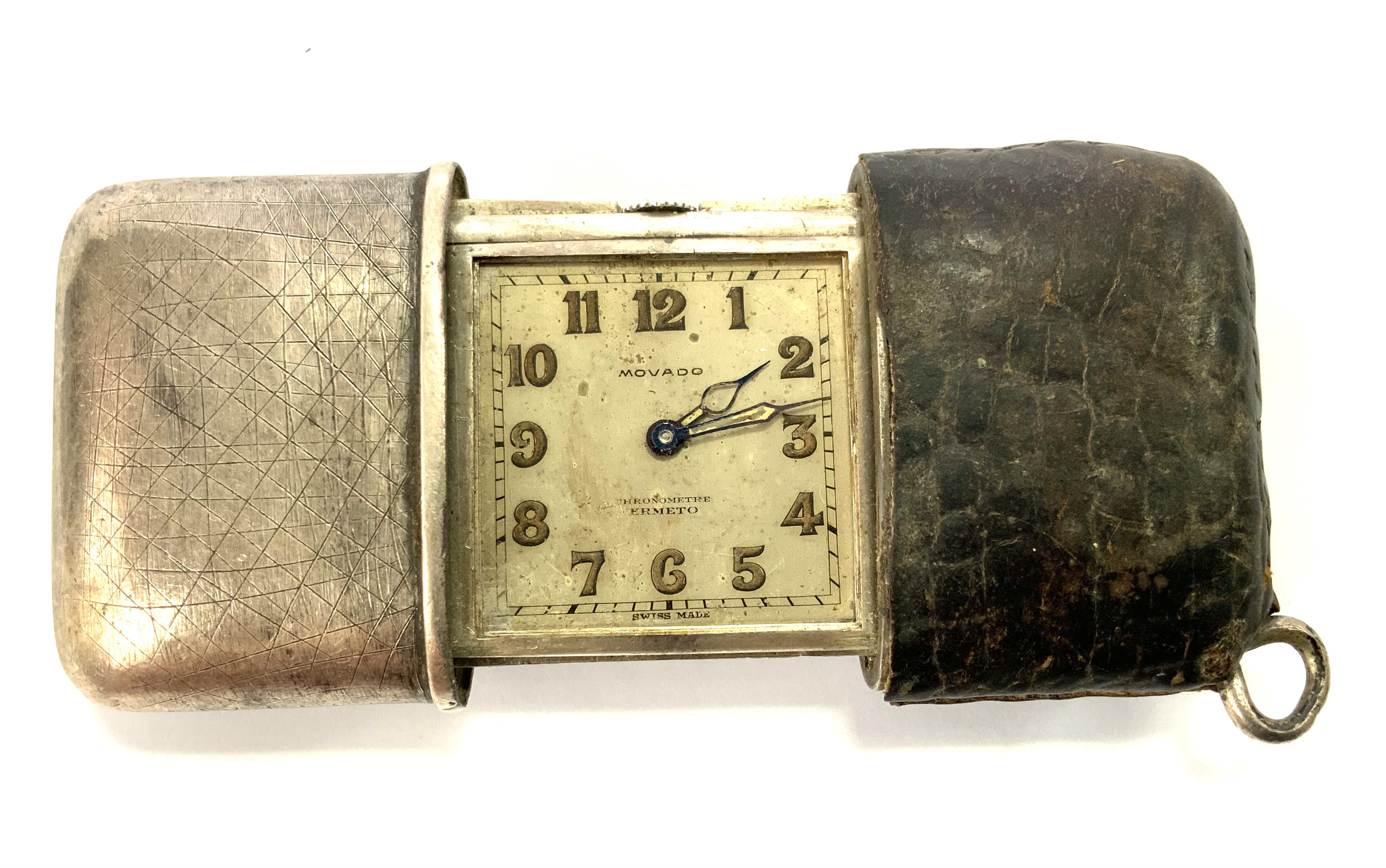 Movado Ermeto 0.935 Siver pocket /purse watch. (Not in working order, Crocodile skin partial cover, missing glass).
