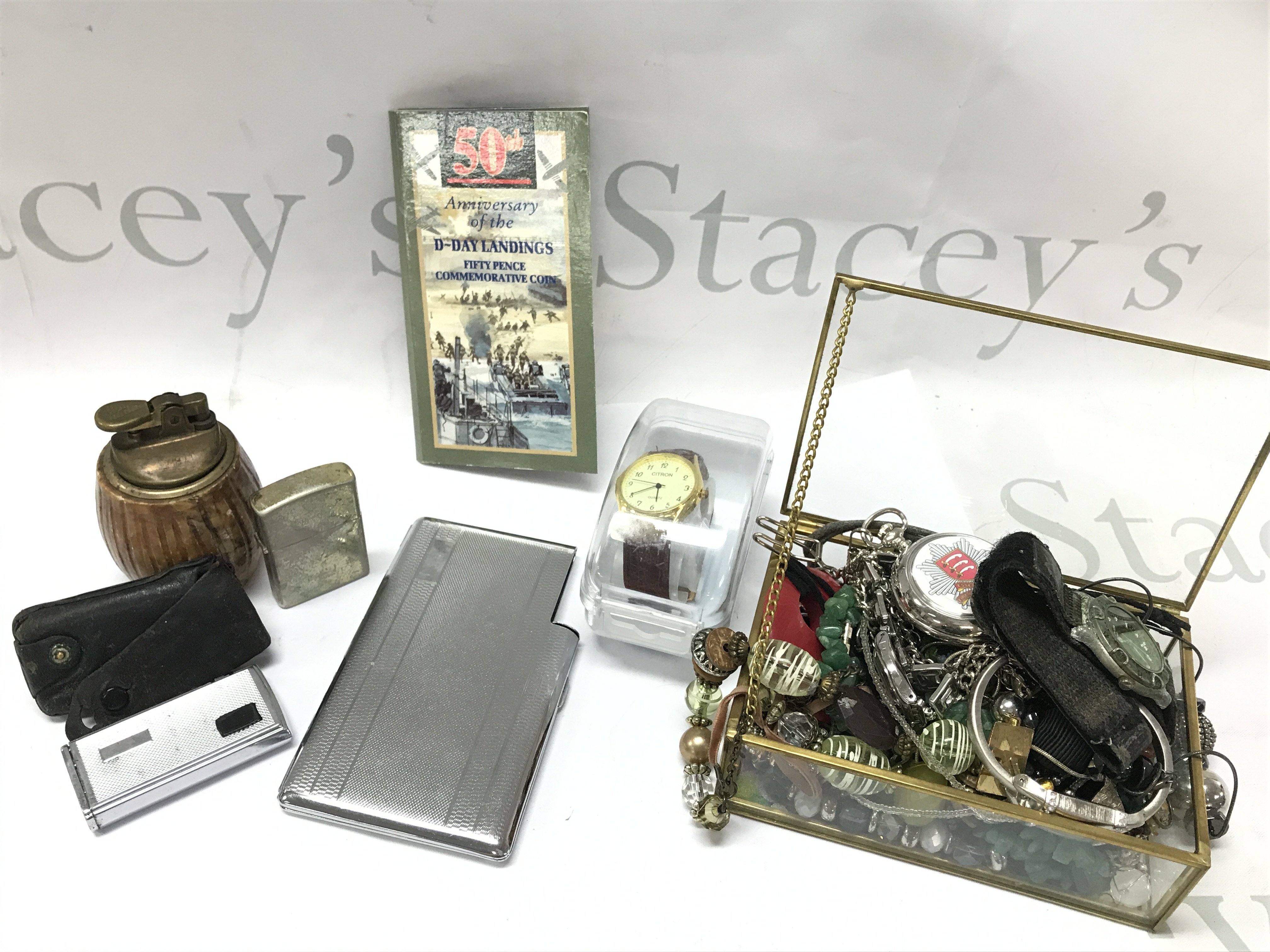 Costume jewellery, lighters , cigarette case, marvel miniature camera, Sekonda watches etc . Postage category B