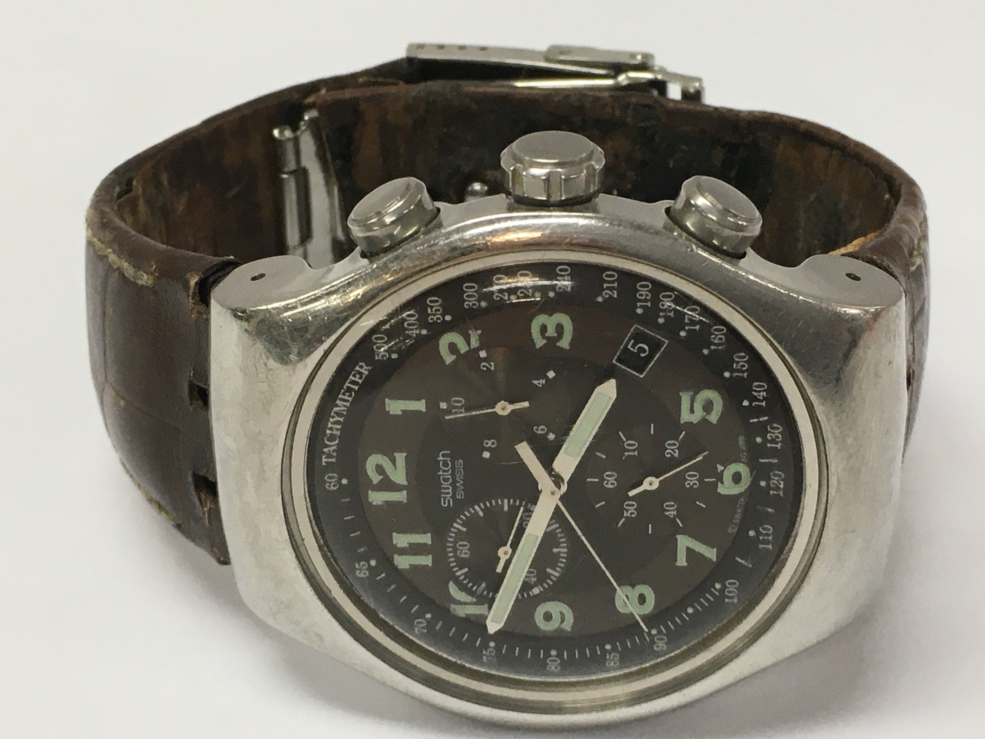 A Swatch irony gents stainless steel 4 jewel watch with leather strap. Postage category A