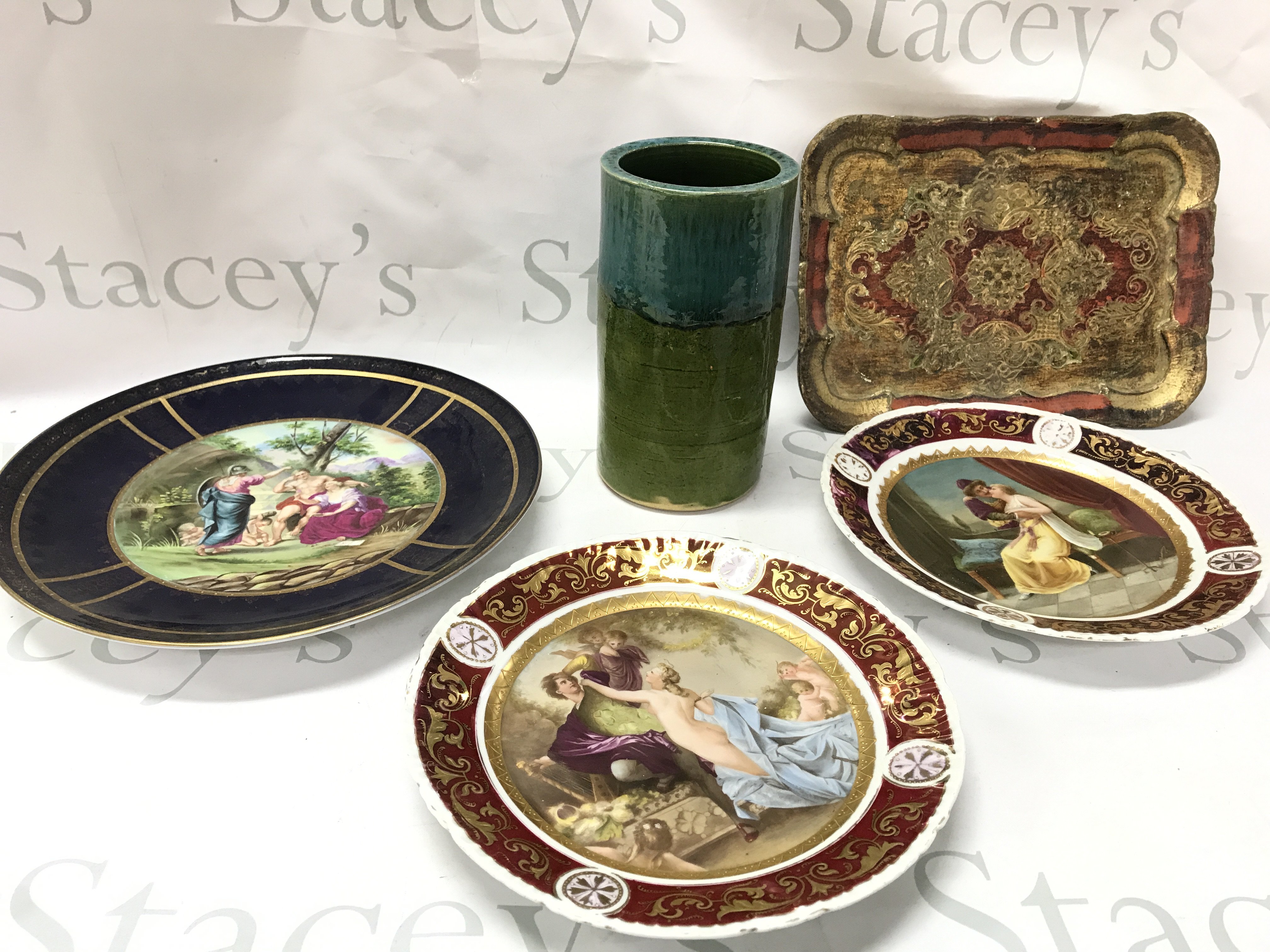 Vienna porcelain plates, Youghall pottery vase. This lot cannot be posted
