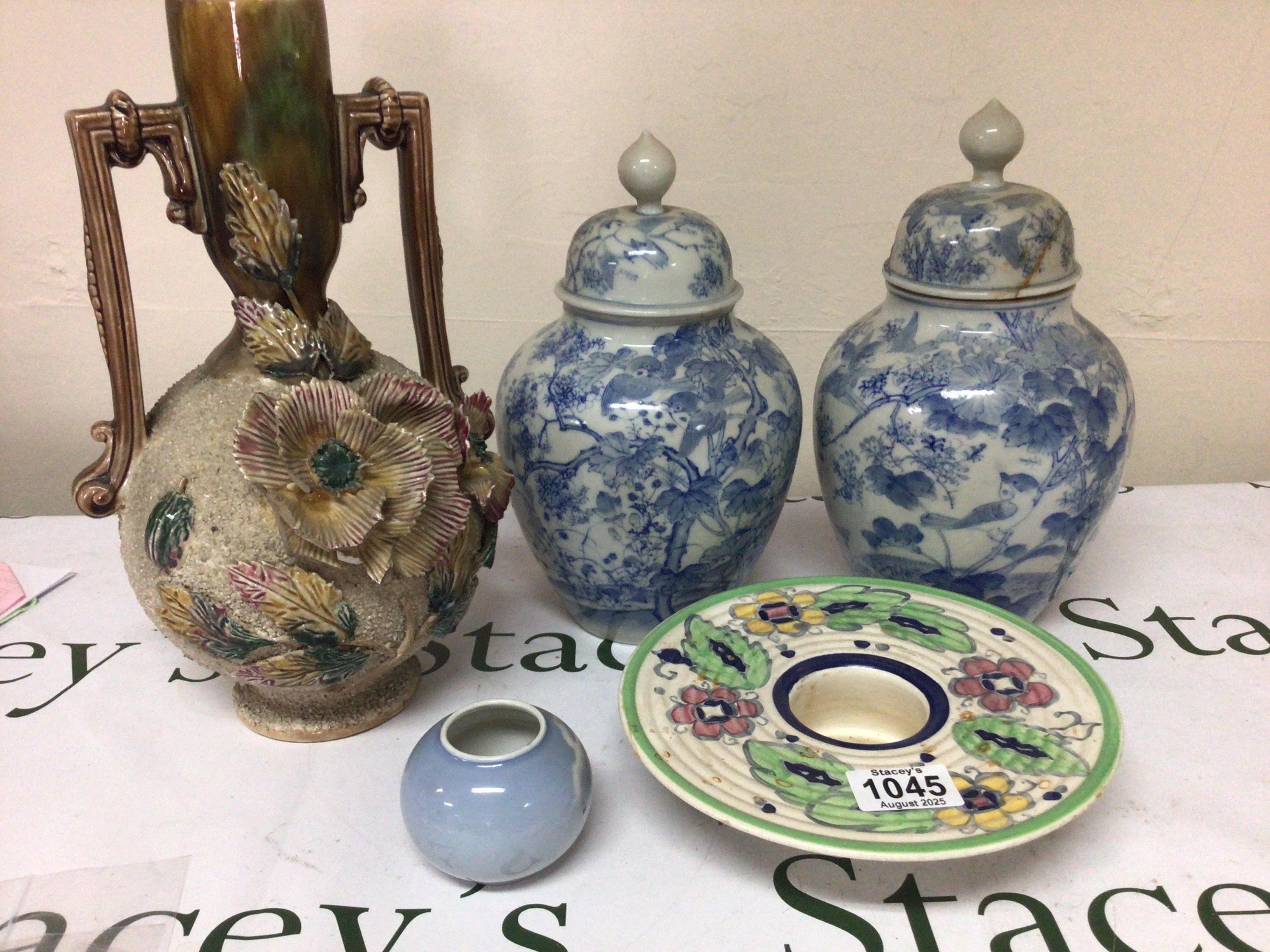 A Soho pottery dish a pair of Japanese blue and white vases (damaged) a Vase with raised flowers and a small Copenhagen pot.