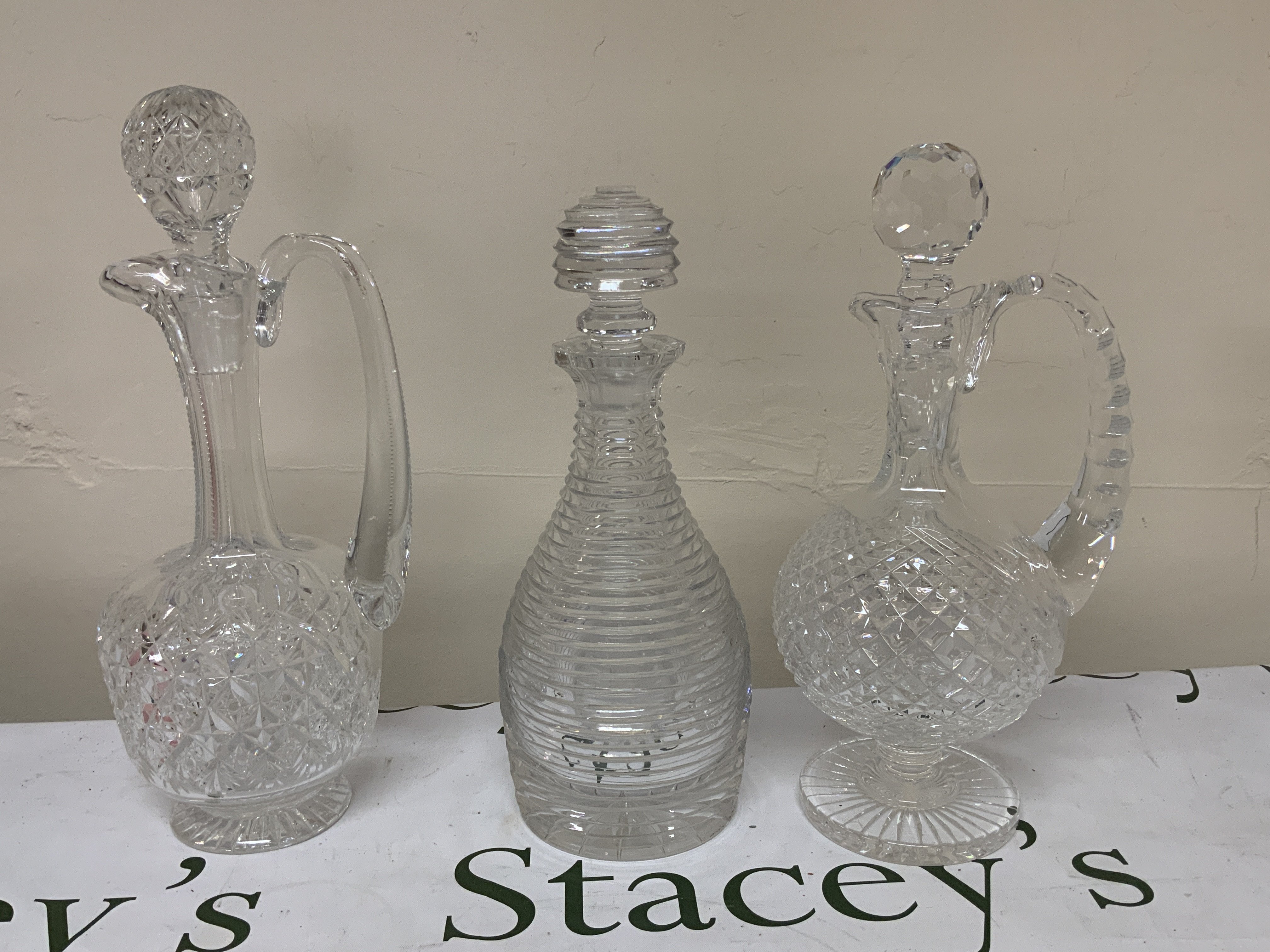 3 Crystal items, Thomas Webb Crystal Ewer, Unusual Victorian Ribbed cut crystal decanter and stopper, Unmarked Crystal Ewer.