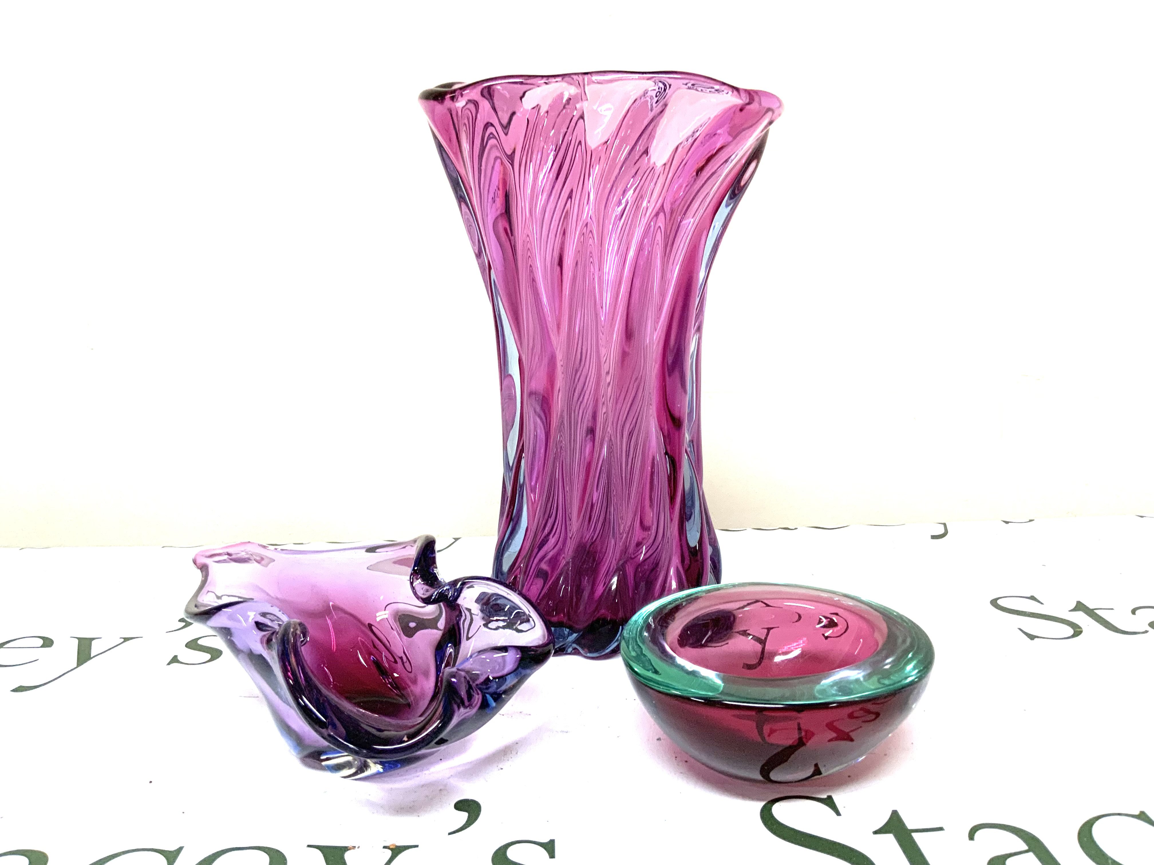 A large Czechoslovakian amethyst studio glass vase 30cm, A small studio glass bowl, 2 colour glass studio glass bowl.