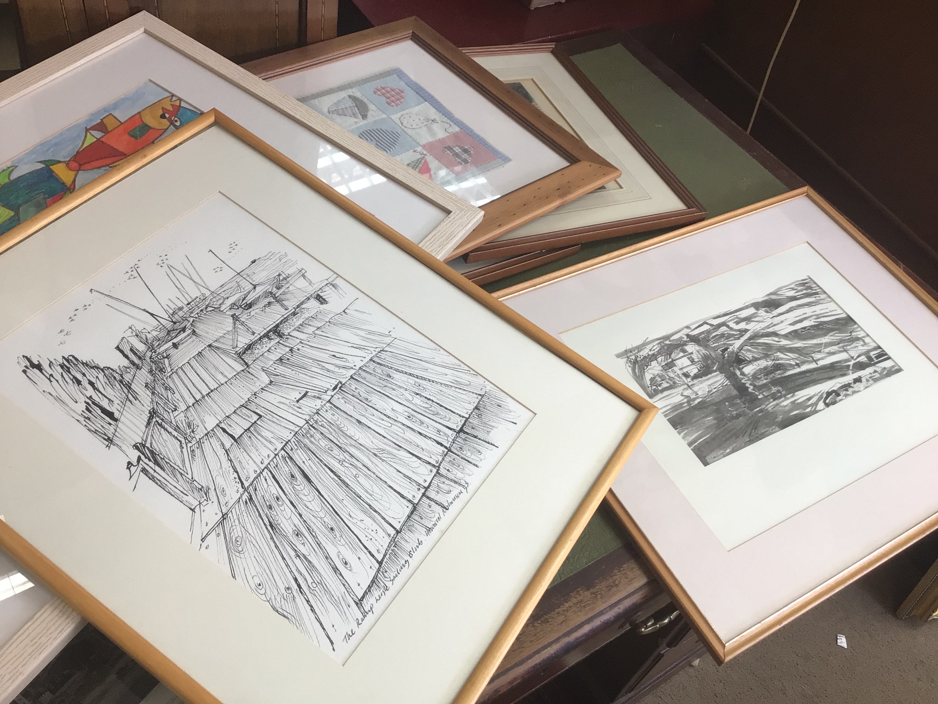 A collection of framed prints including abstract, town scenes etc- NO RESERVE