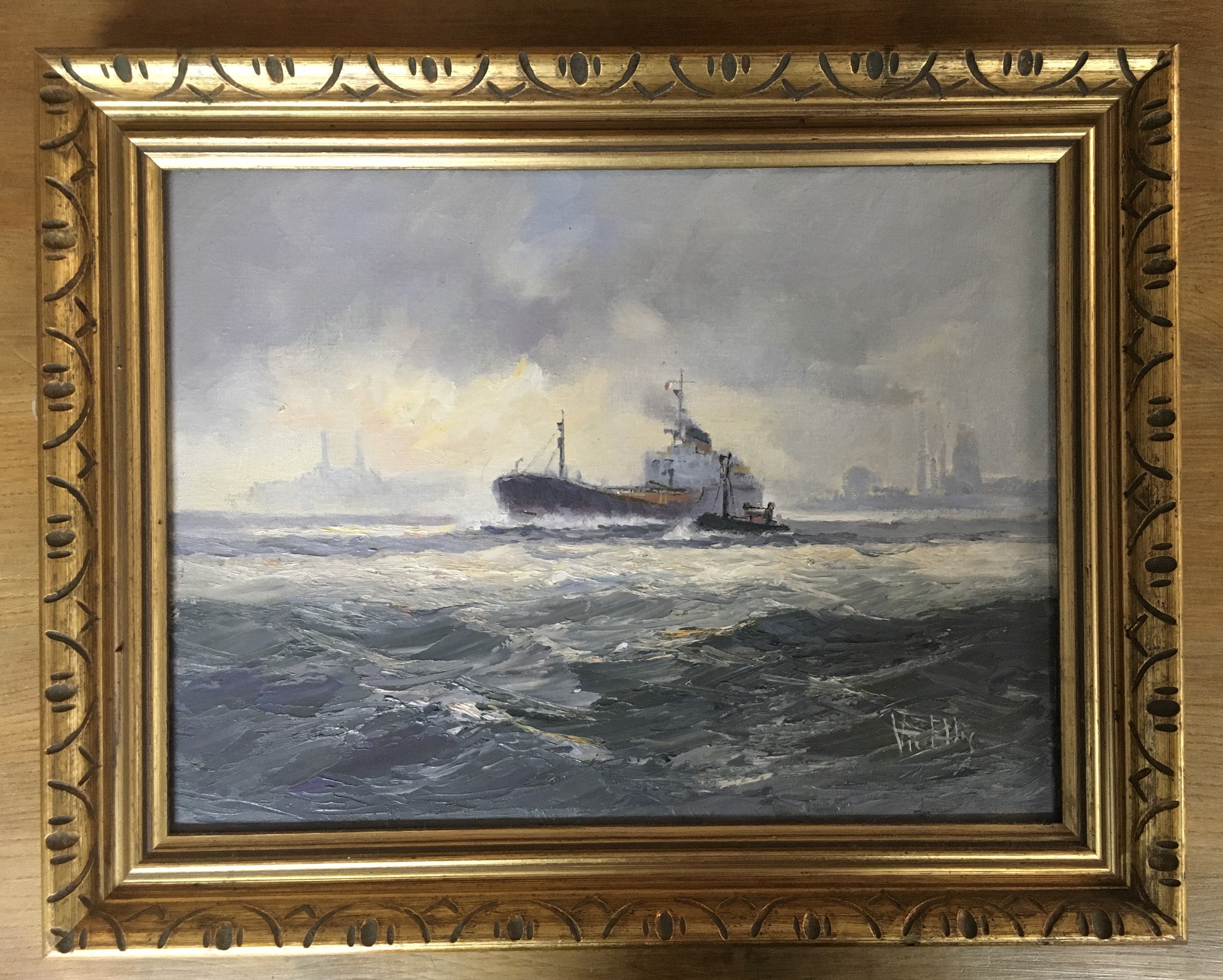 Vic Ellis, tanker on the Thames. 49cm x 39cm.