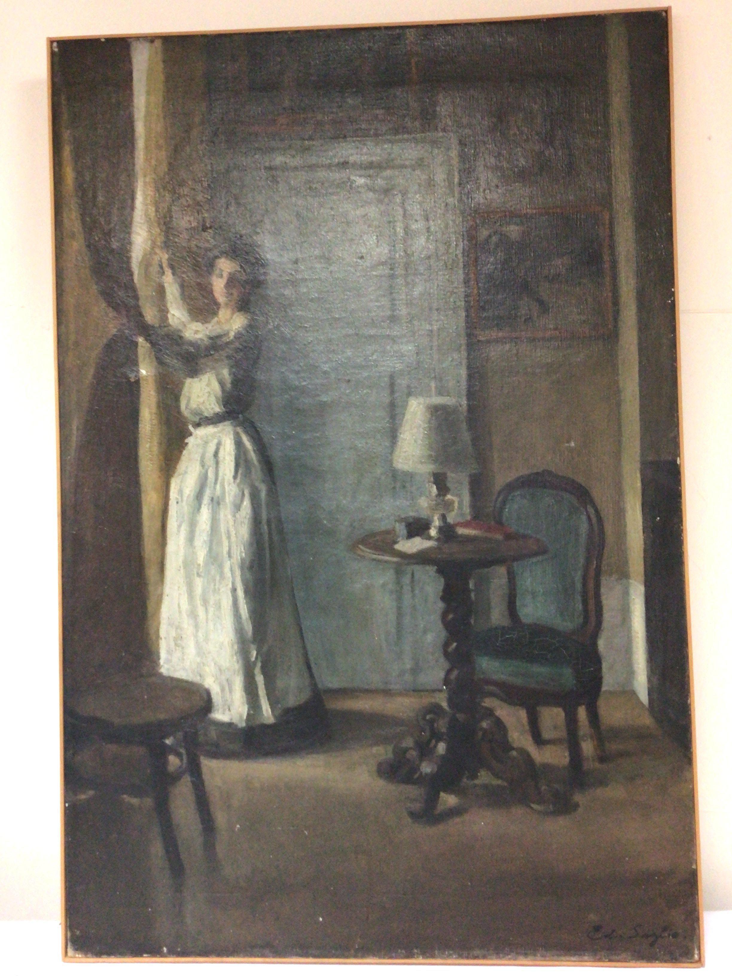 A French Impressionist oil painting a lady in an interior by a window. The interior with traditional French occasional furniture. Signed lower left Ed. Salglio. Edmund Saglio (1867-1907) 95x64cm