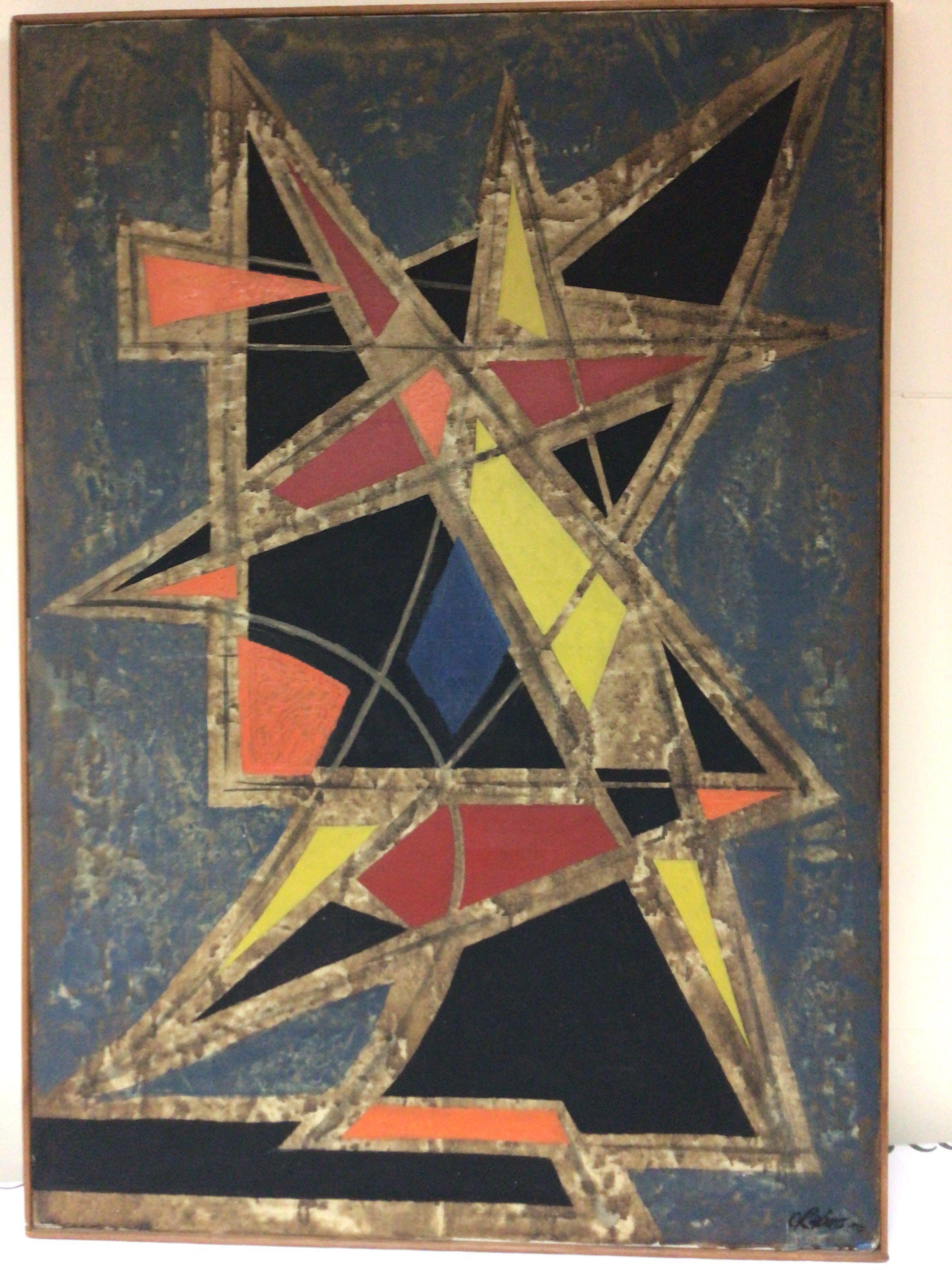 A mid 20th century oil painting on canvas abstract with coloured and outlined rectangles. Signed lower right. CRabas54. 67x94cm