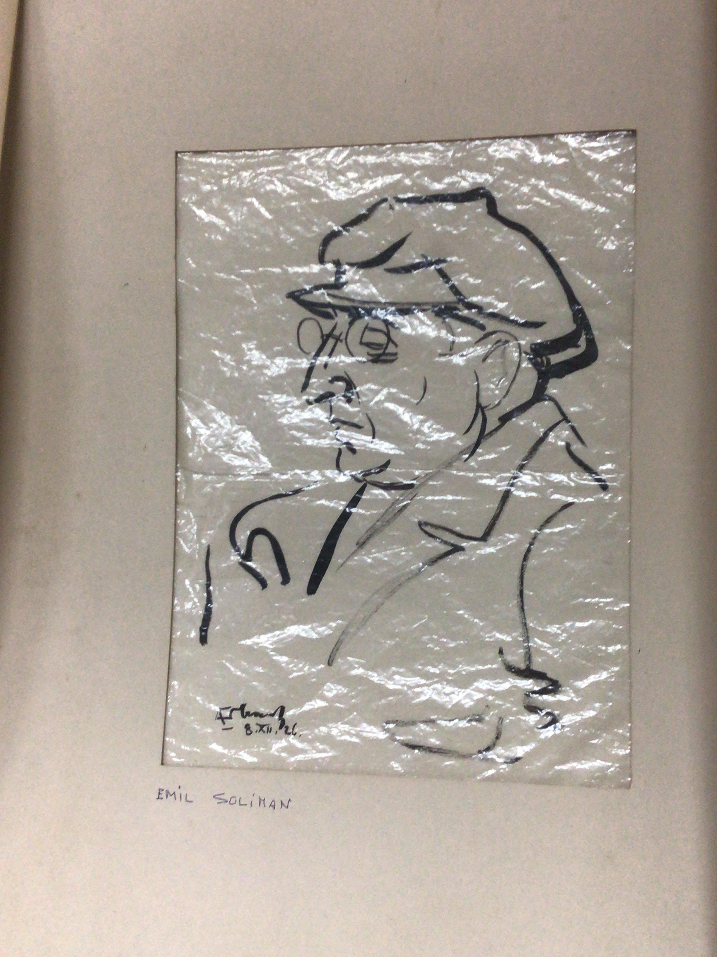 A sketch portrait of a gentleman signed and dated Emil Soliman and four exhibition quality mounted black and white photographs the mounts signed in pencil. (5)