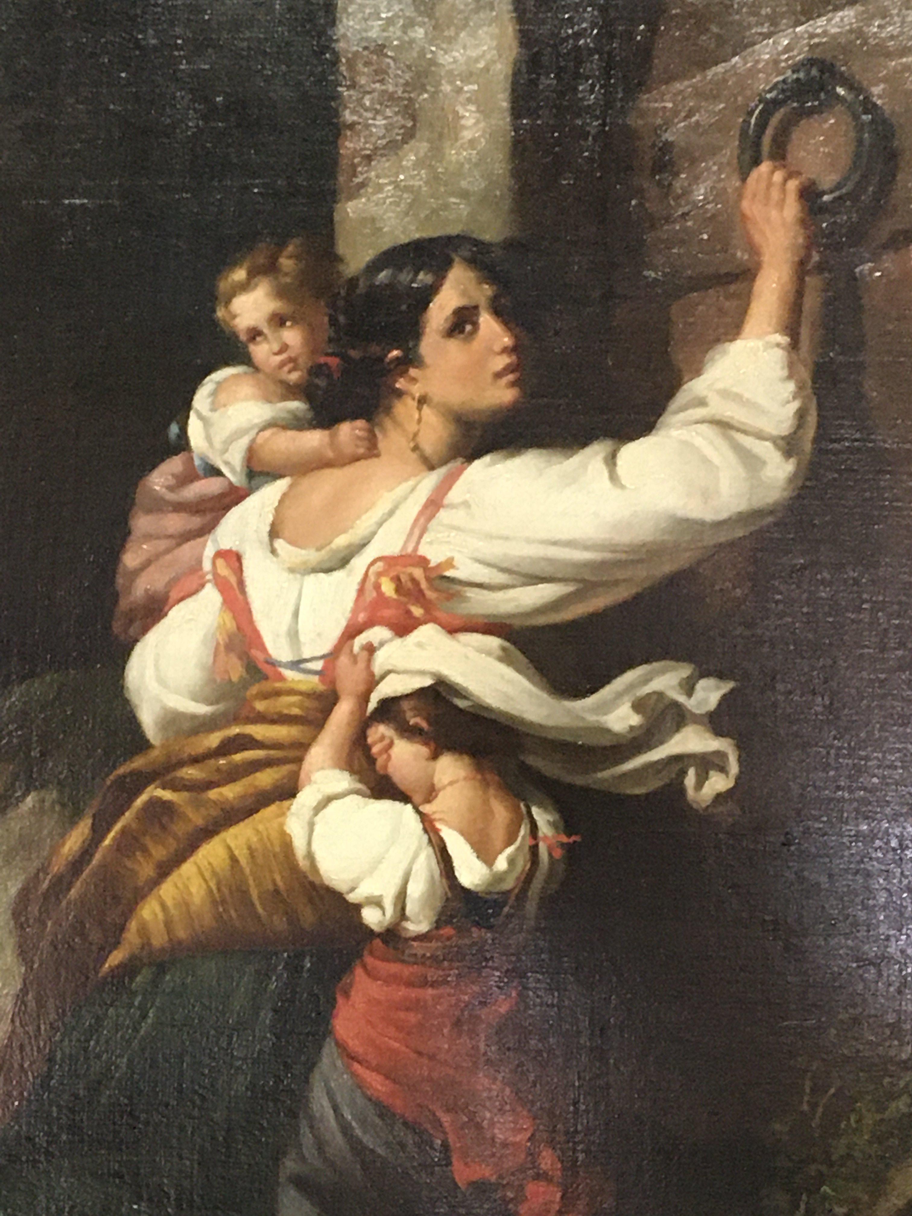 A conforming Italian School oil painting on canvas study of a woman with children at a doorway. After conforming art by Giuseppe Mazzolini (1806-1878) canvas relined.