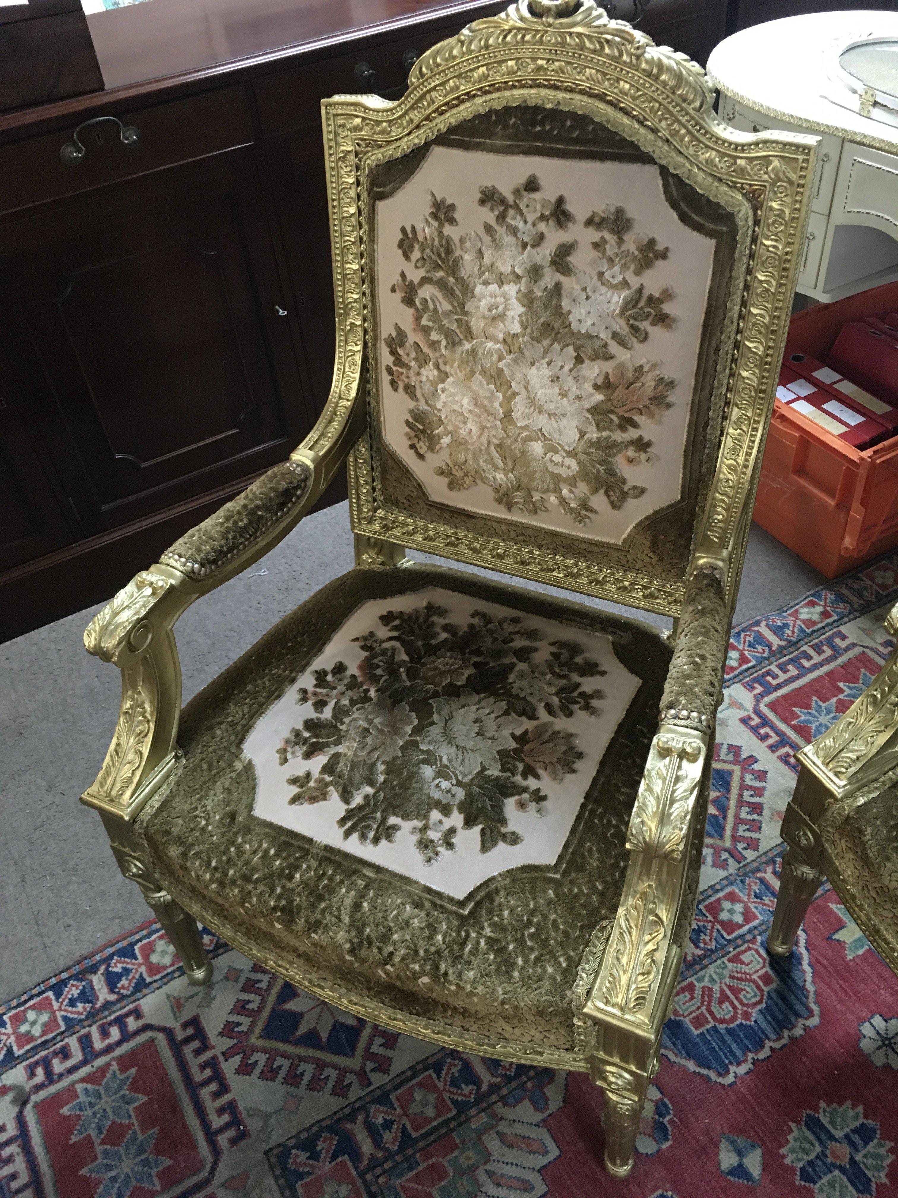 A French Louis XV Gilt three piece with woven floral patterns. 116cm tall- NO RESERVE