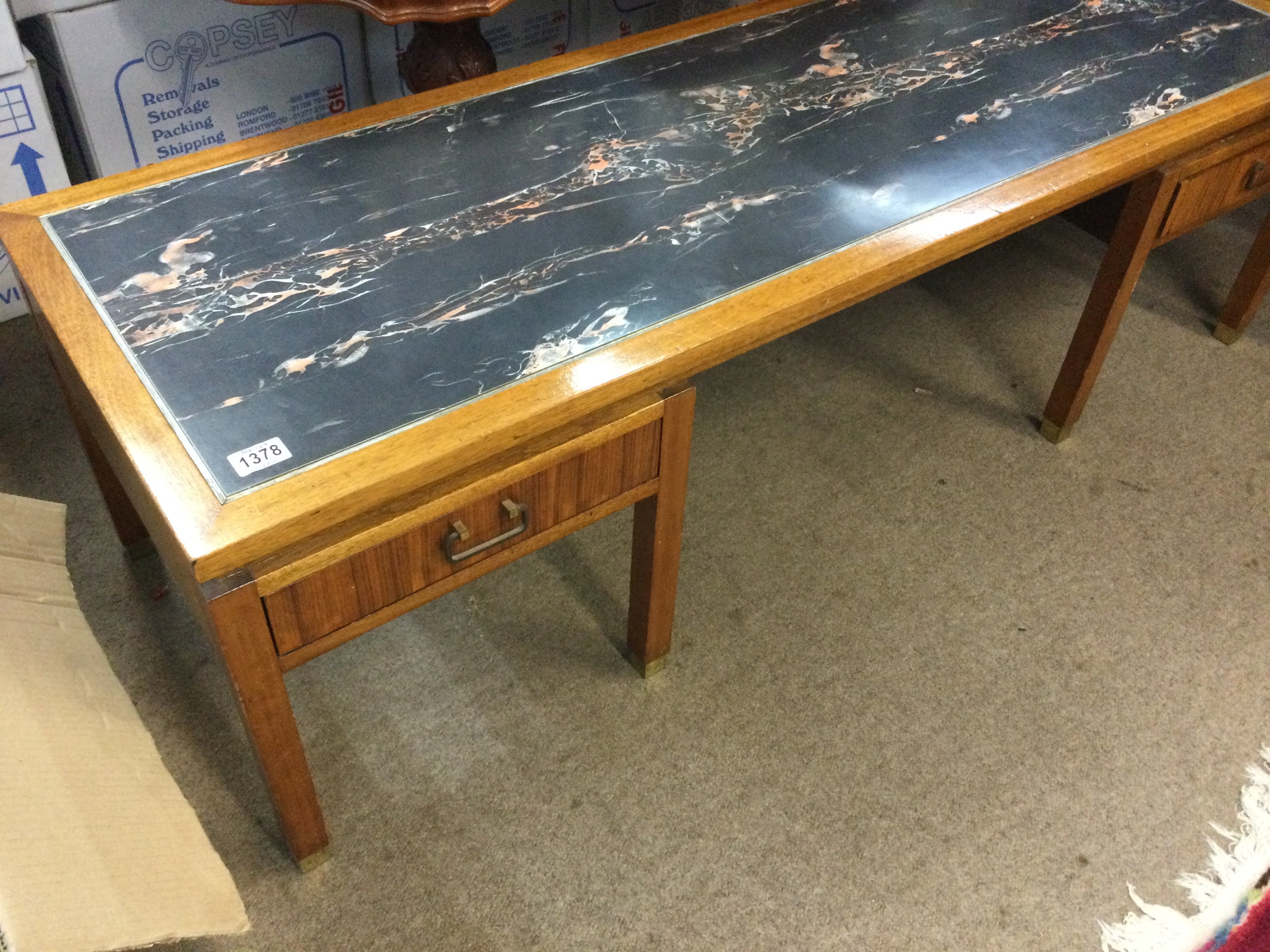 A g plan low occasional table the rectangular top with simulated marble top above two drawers on square tapering leg .- NO RESERVE