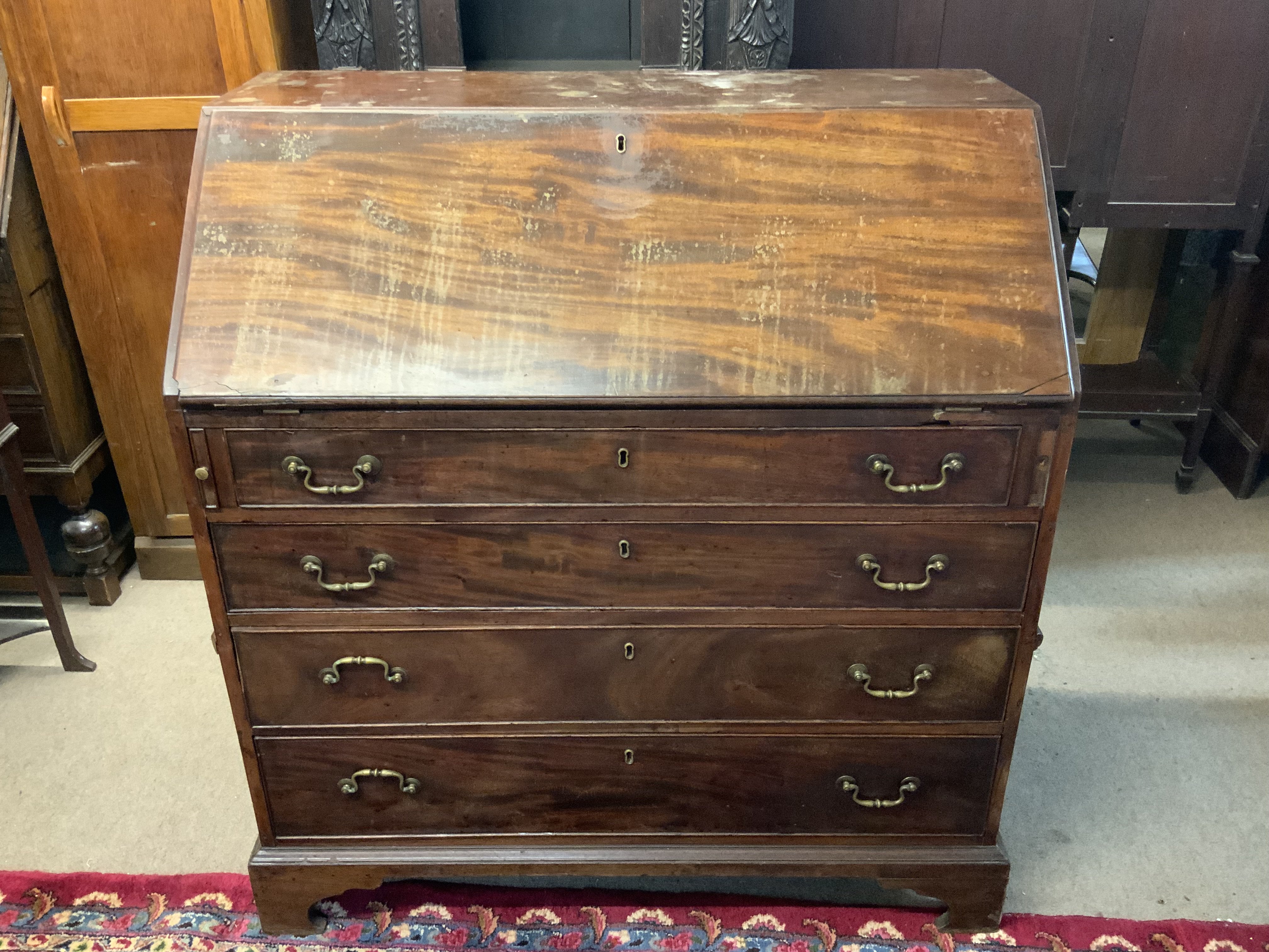 A Large mahogany George III drop front bureau. 99cm x 110cm