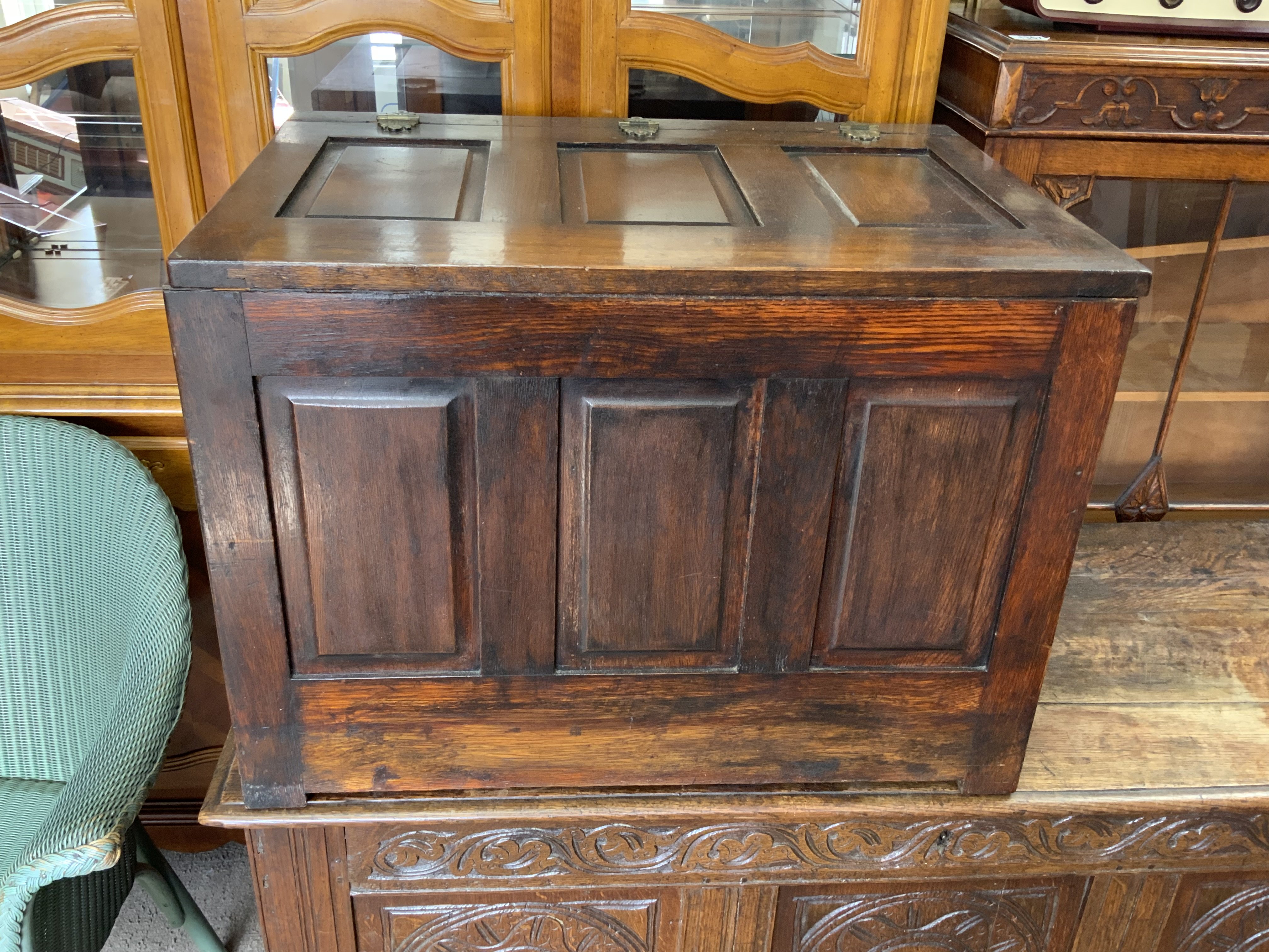 A small oak panelled chest, 71cm x 50cm x 52cm