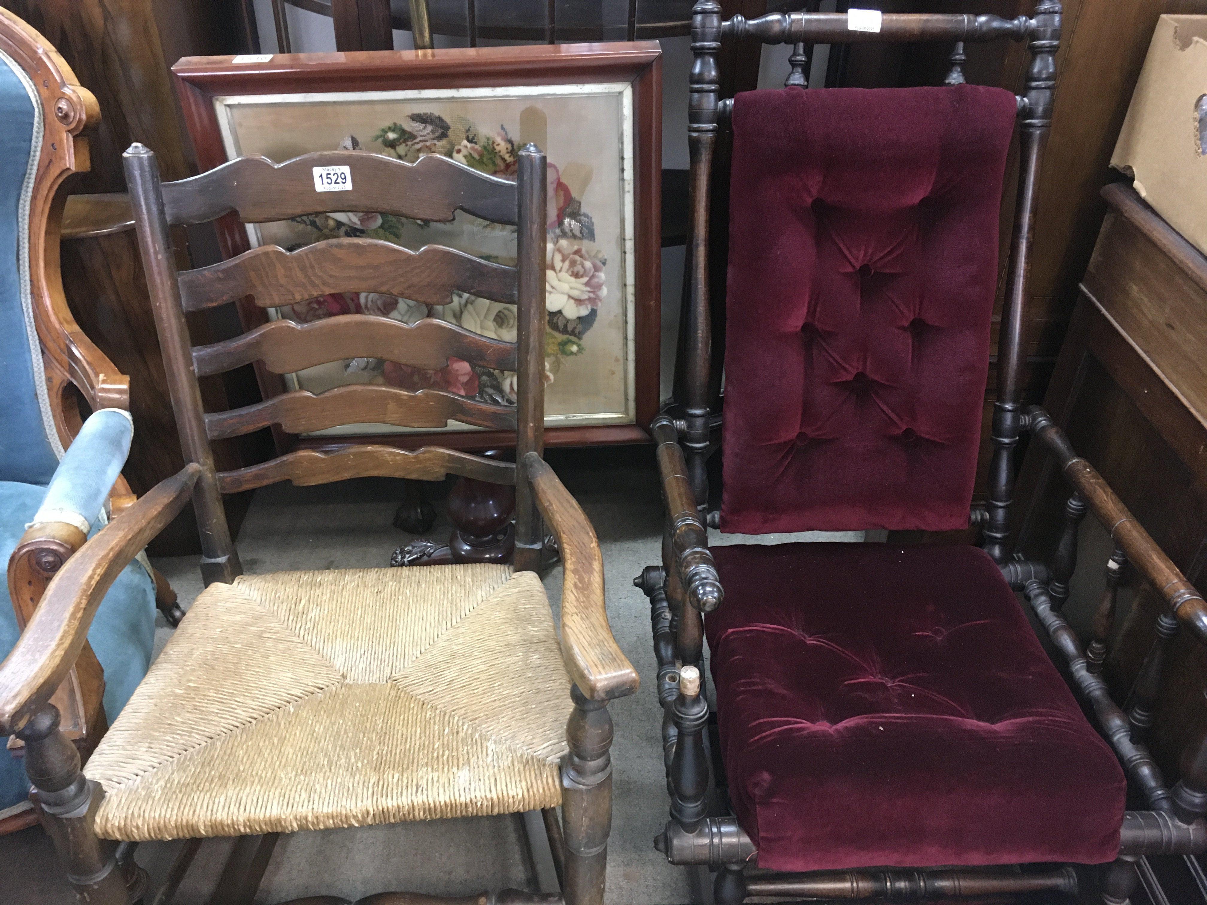 Two rocking chairs with rush and upholstered seats .